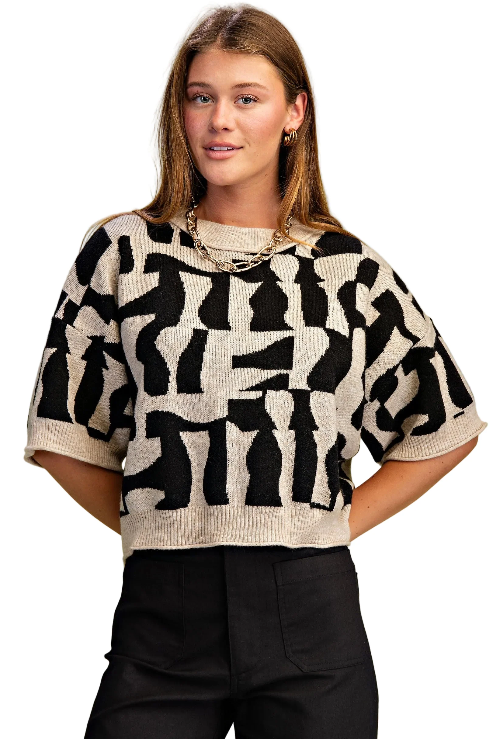 Women's Gigio Black and Cream Short Sleeve Geometric Print Sweater