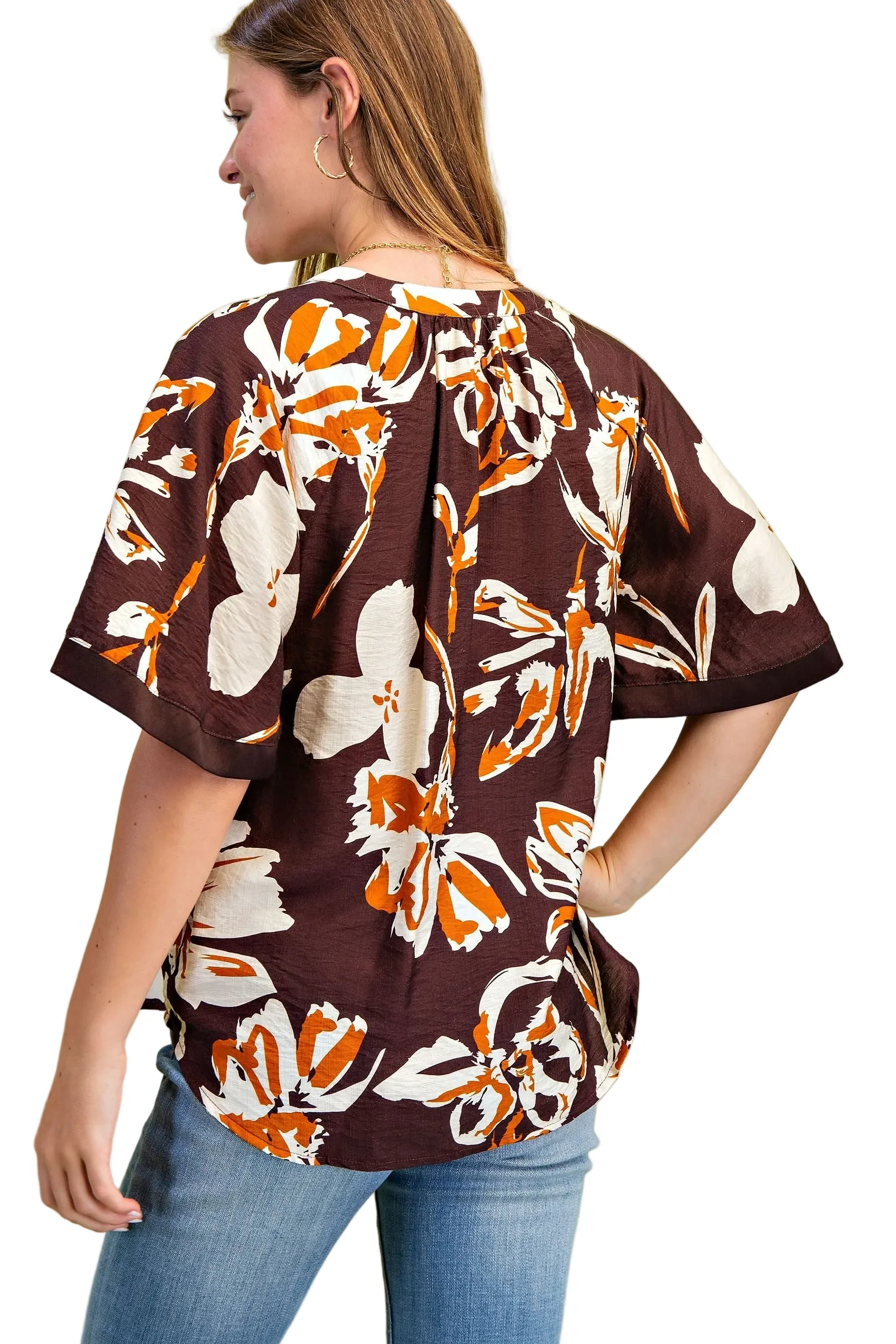 Women's Gigio Brown Floral V-neck Top - Image 2