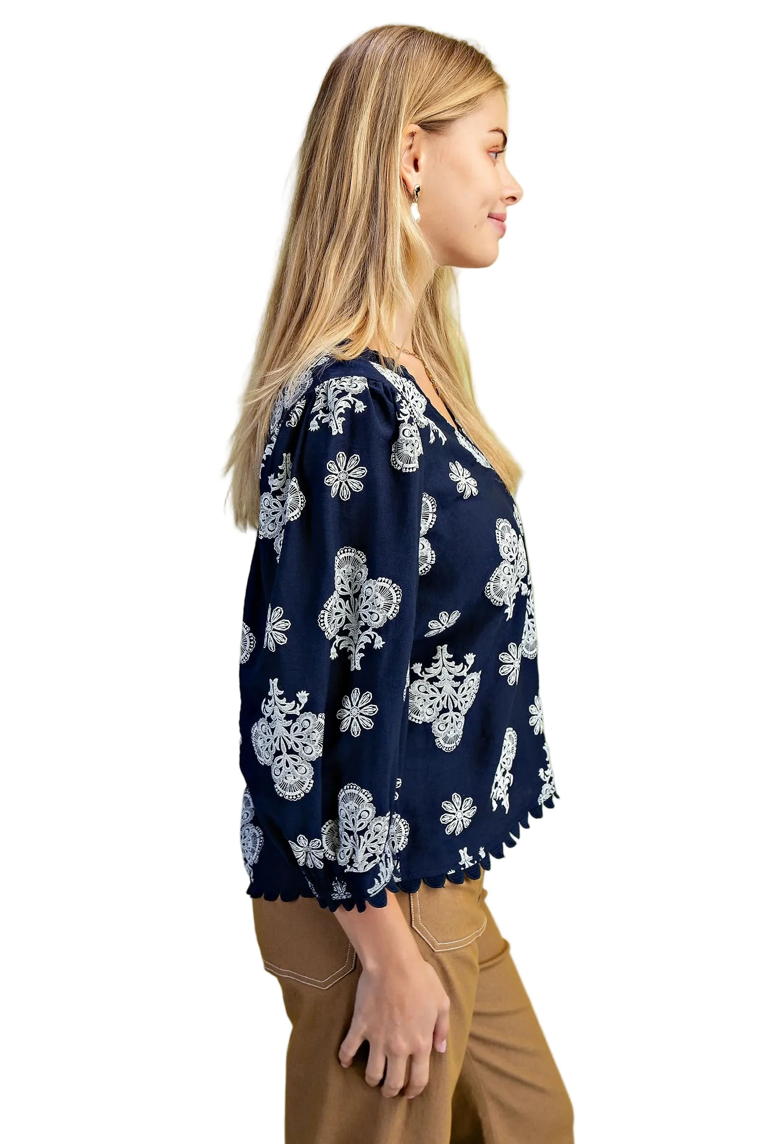 Women's Gigio Navy Mix Puff Printed V-neck Blouse TE1573 - Image 4