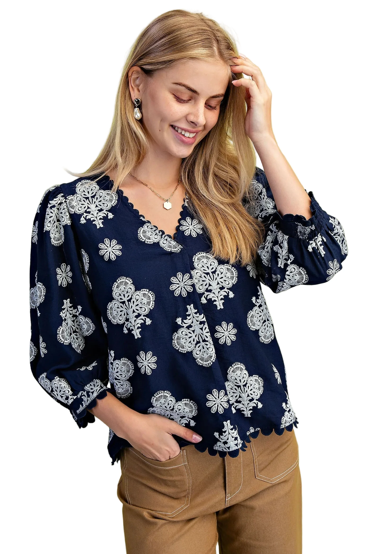 Women's Gigio Navy Mix Puff Printed V-neck Blouse TE1573 - Image 5