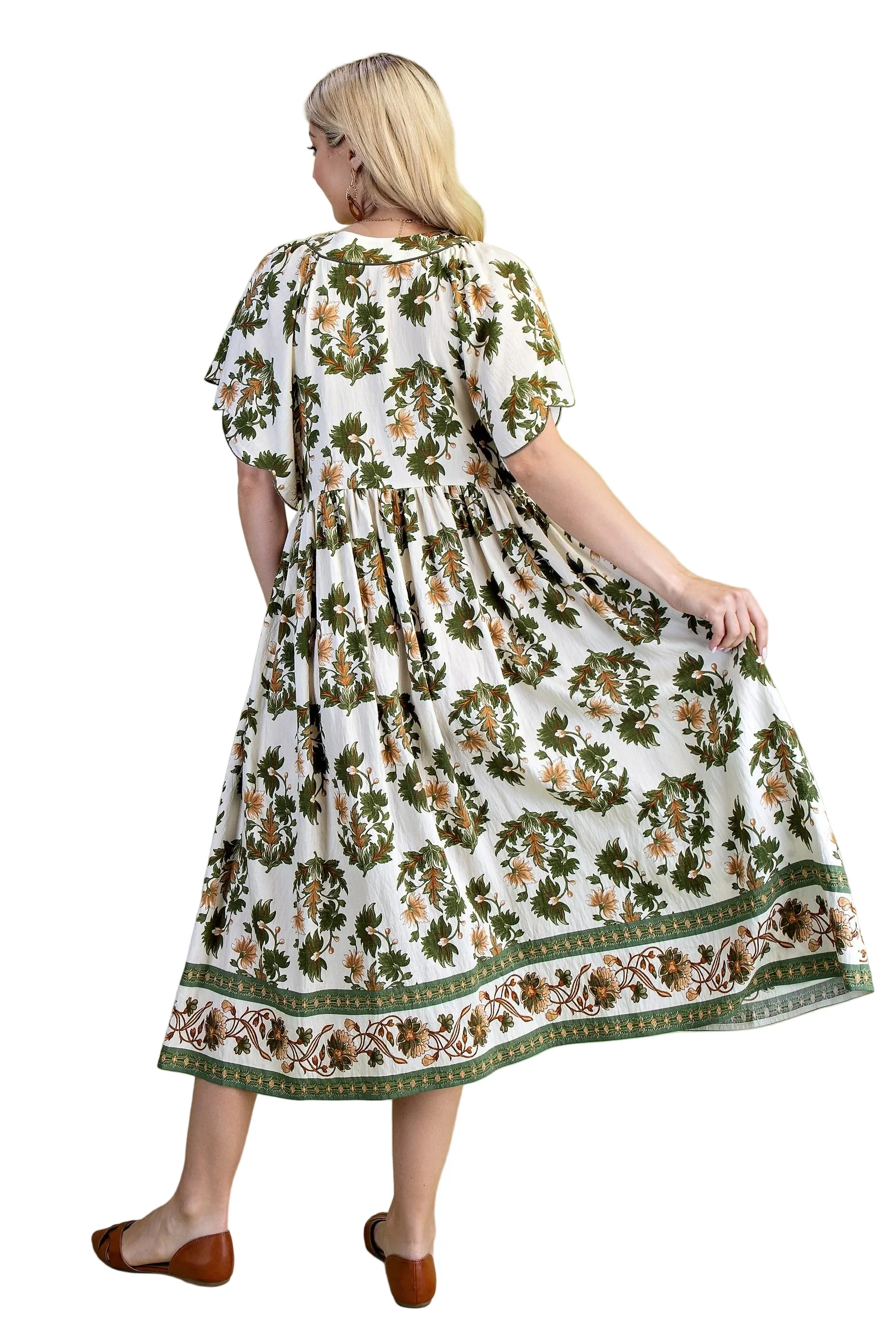 Women's Gigio Olive Floral Fall Printed V-neck Midi Dress - Image 4