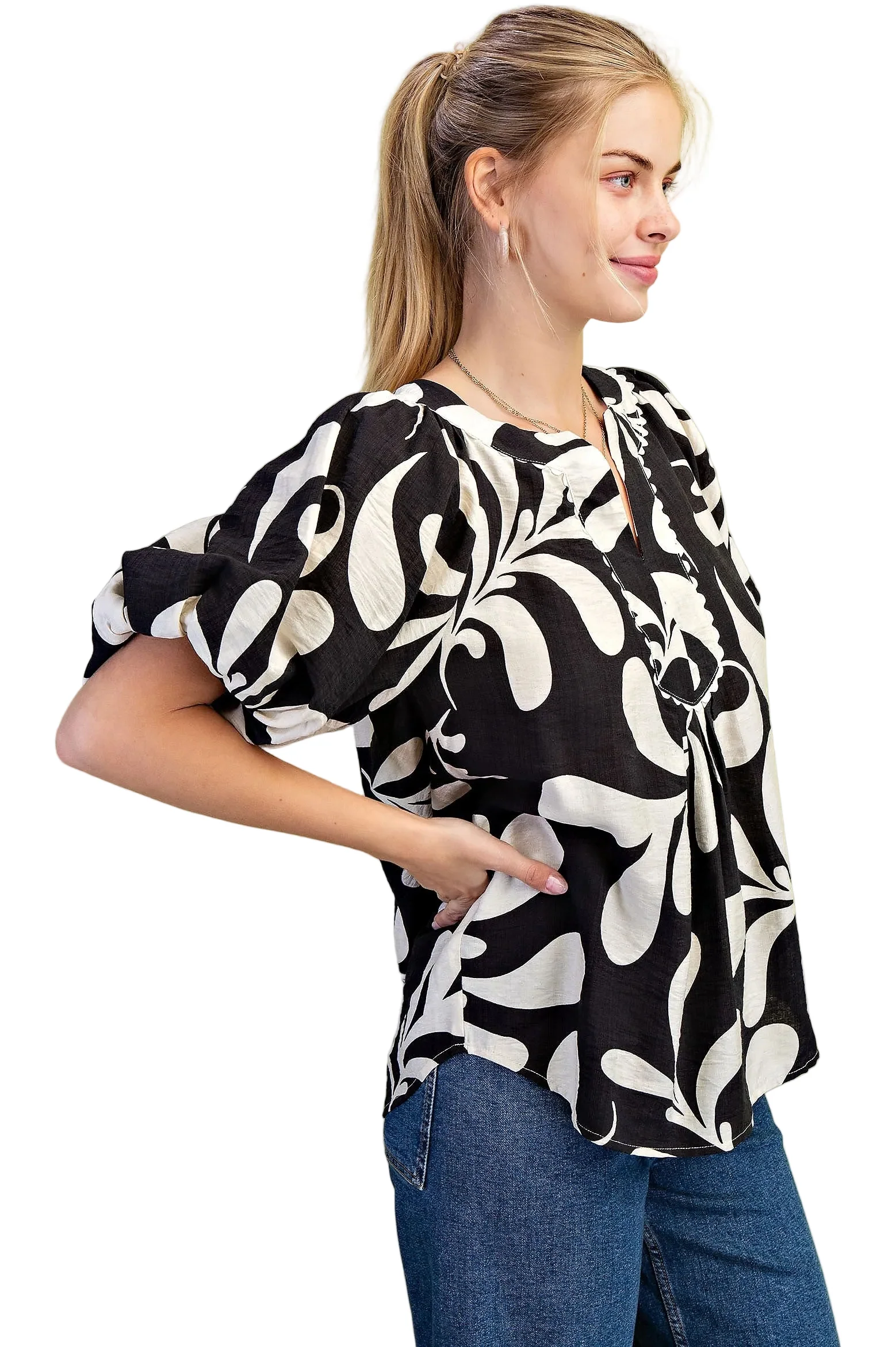 Women's Gigio Olive Or Black Mix Printed Slit Neck Top - Image 11