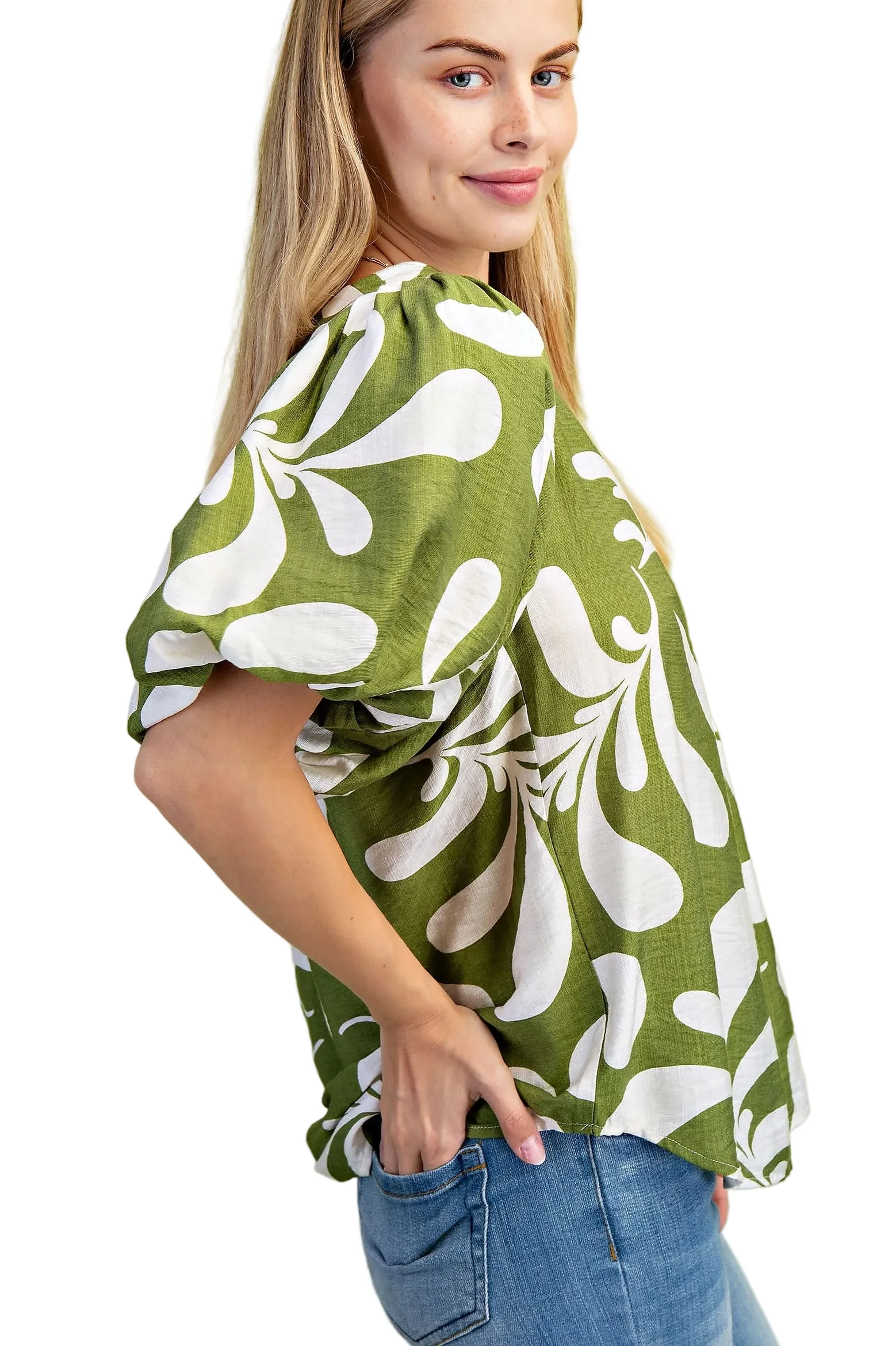 Women's Gigio Olive Or Black Mix Printed Slit Neck Top - Image 4