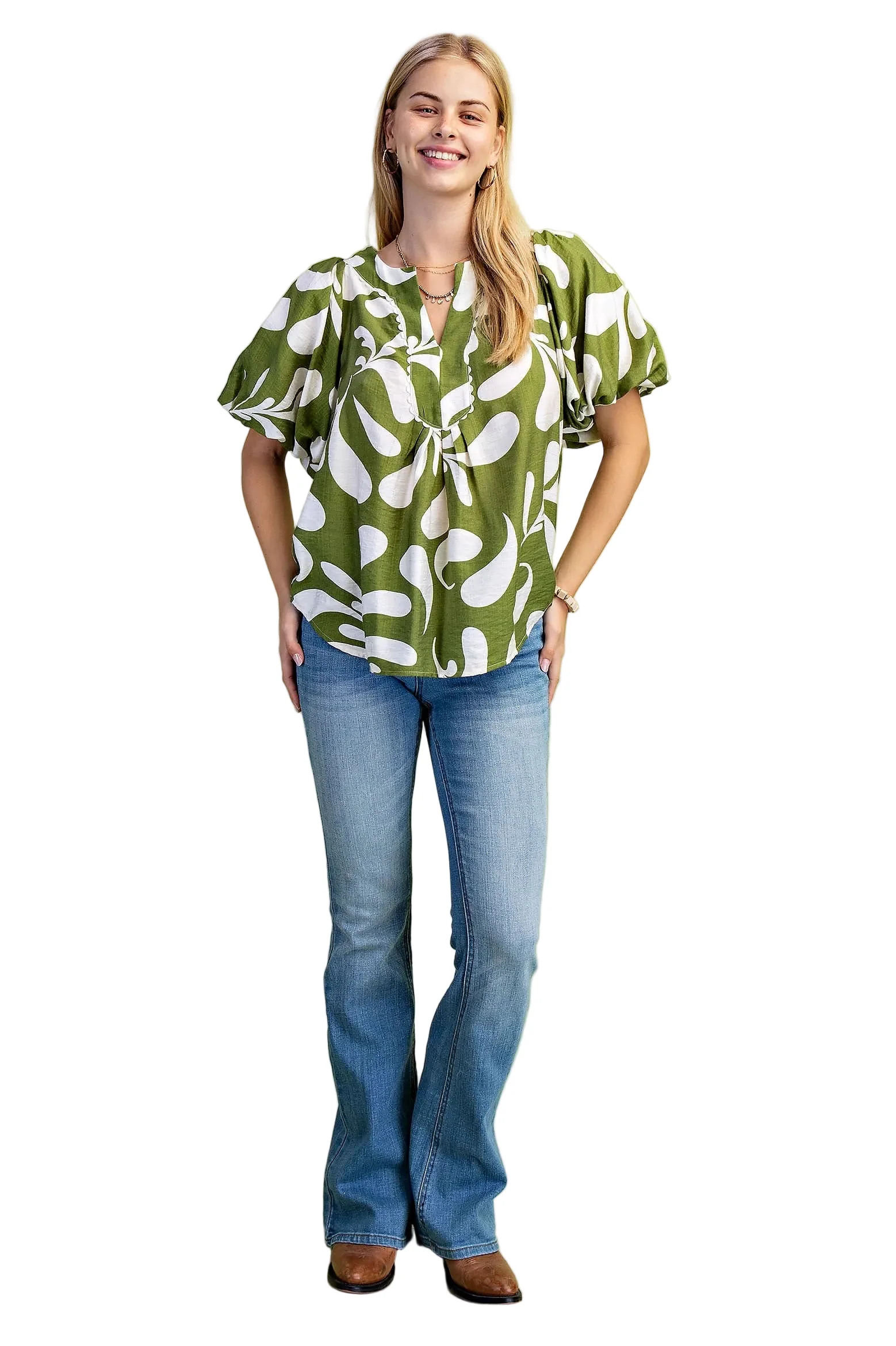 Women's Gigio Olive Or Black Mix Printed Slit Neck Top - Image 6