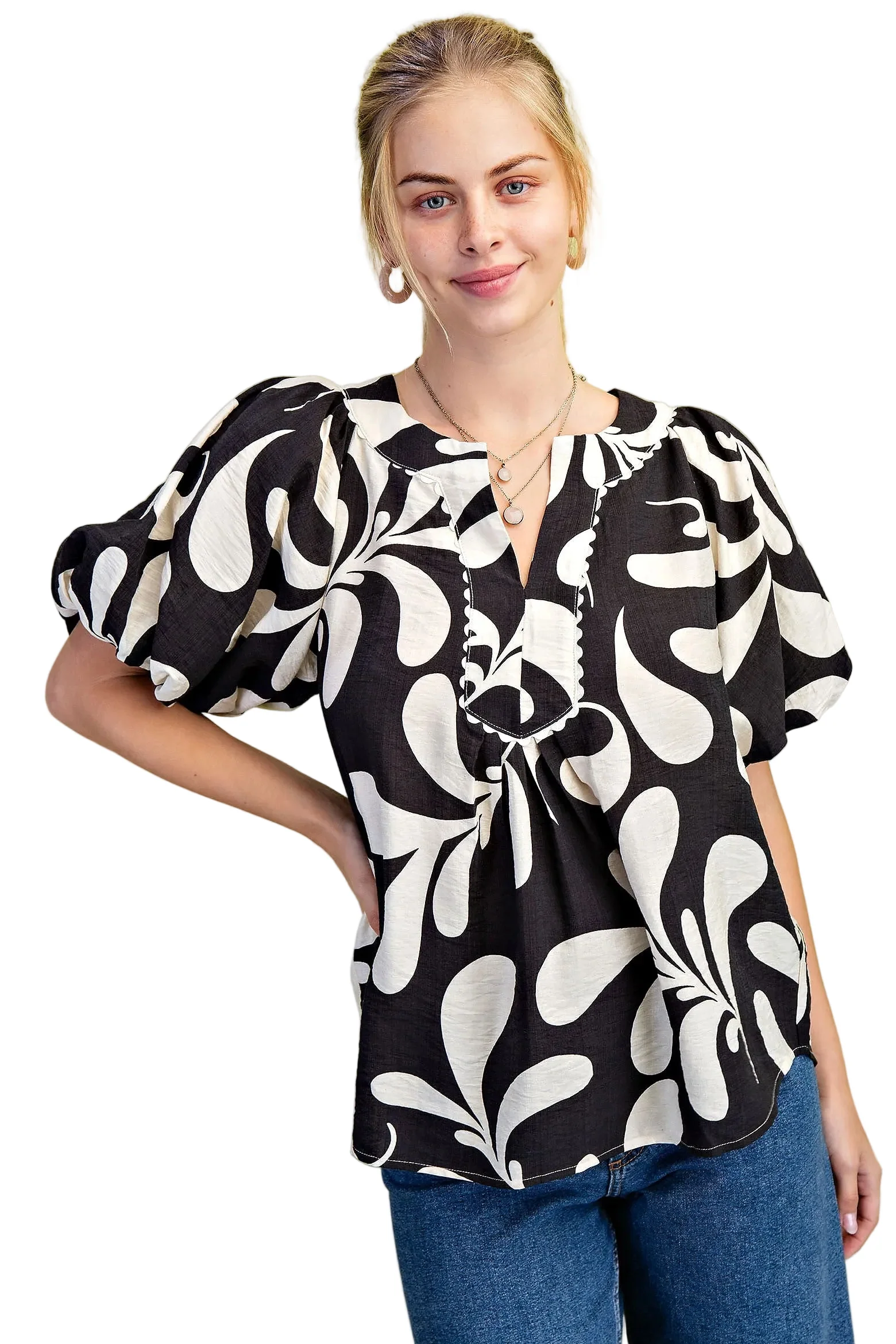 Women's Gigio Olive Or Black Mix Printed Slit Neck Top - Image 7