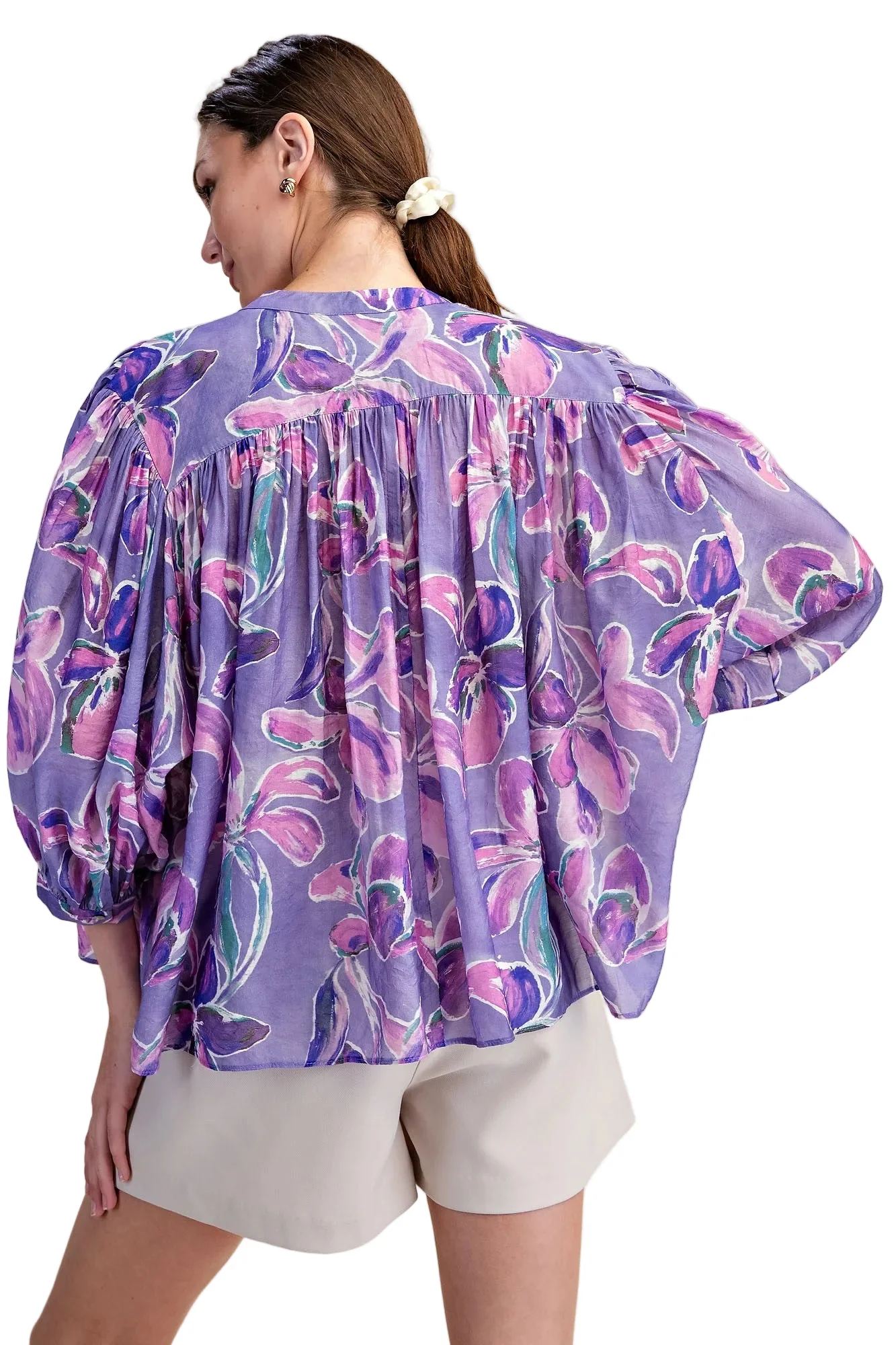 Women's Glam Purple Floral Print Button Down Blouse T8238 - Image 3