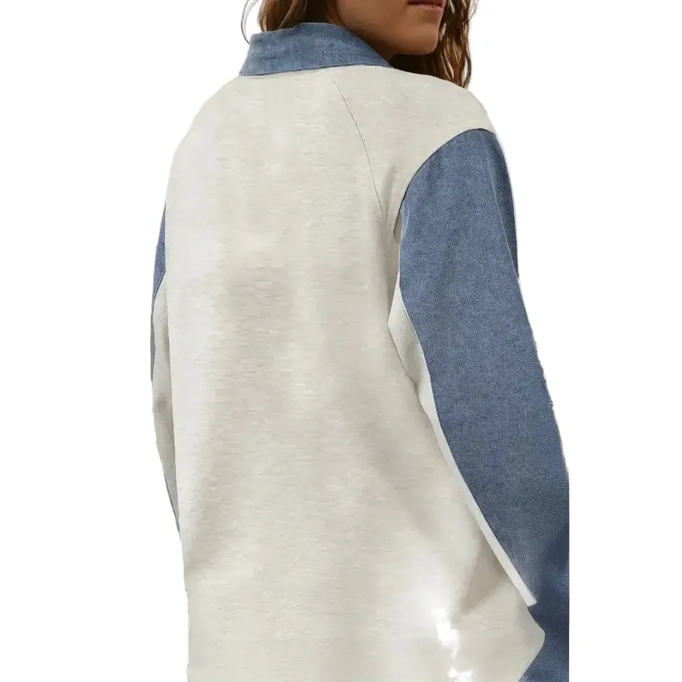 Women's Gray and Denim Block Long Sleeve Polo - Image 2