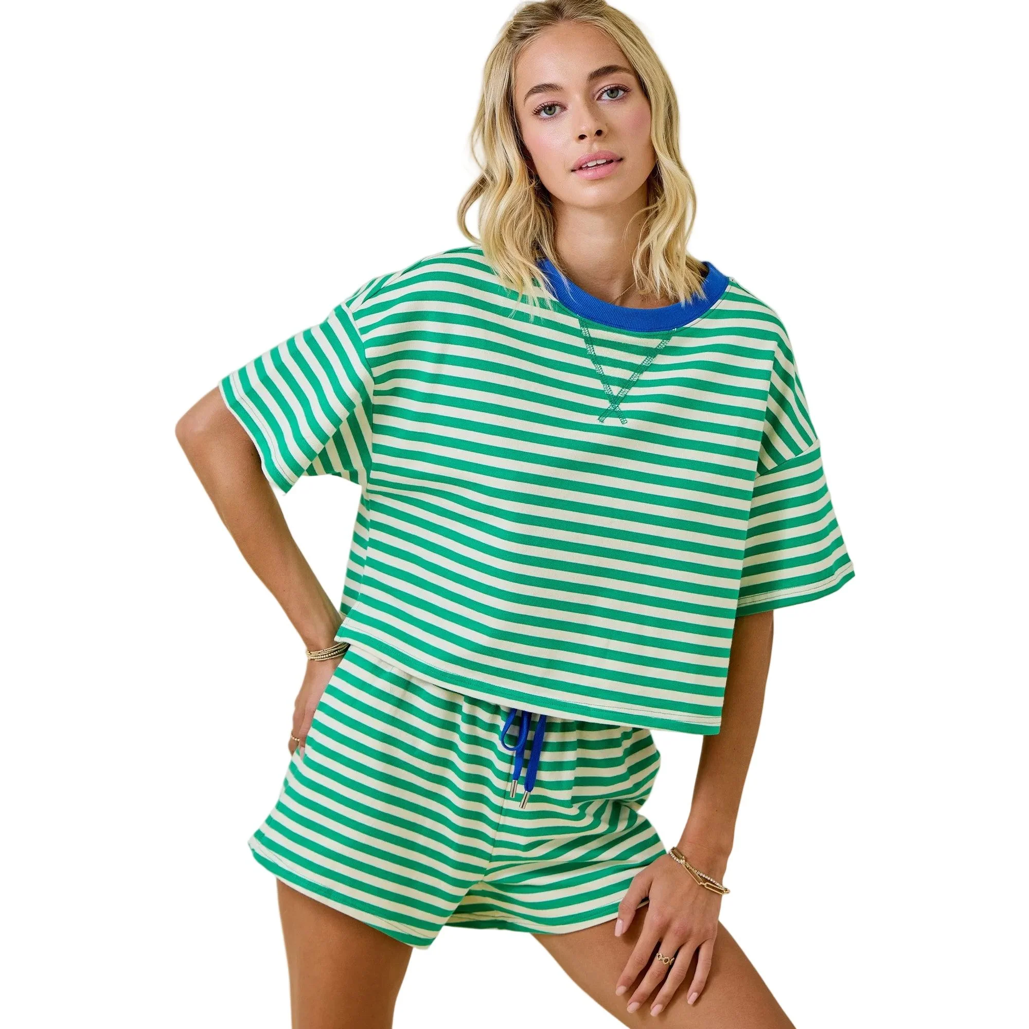 Women's Green and Blue Boxy Terry Short Sleeve Tee With Contrast Neckband - Image 6