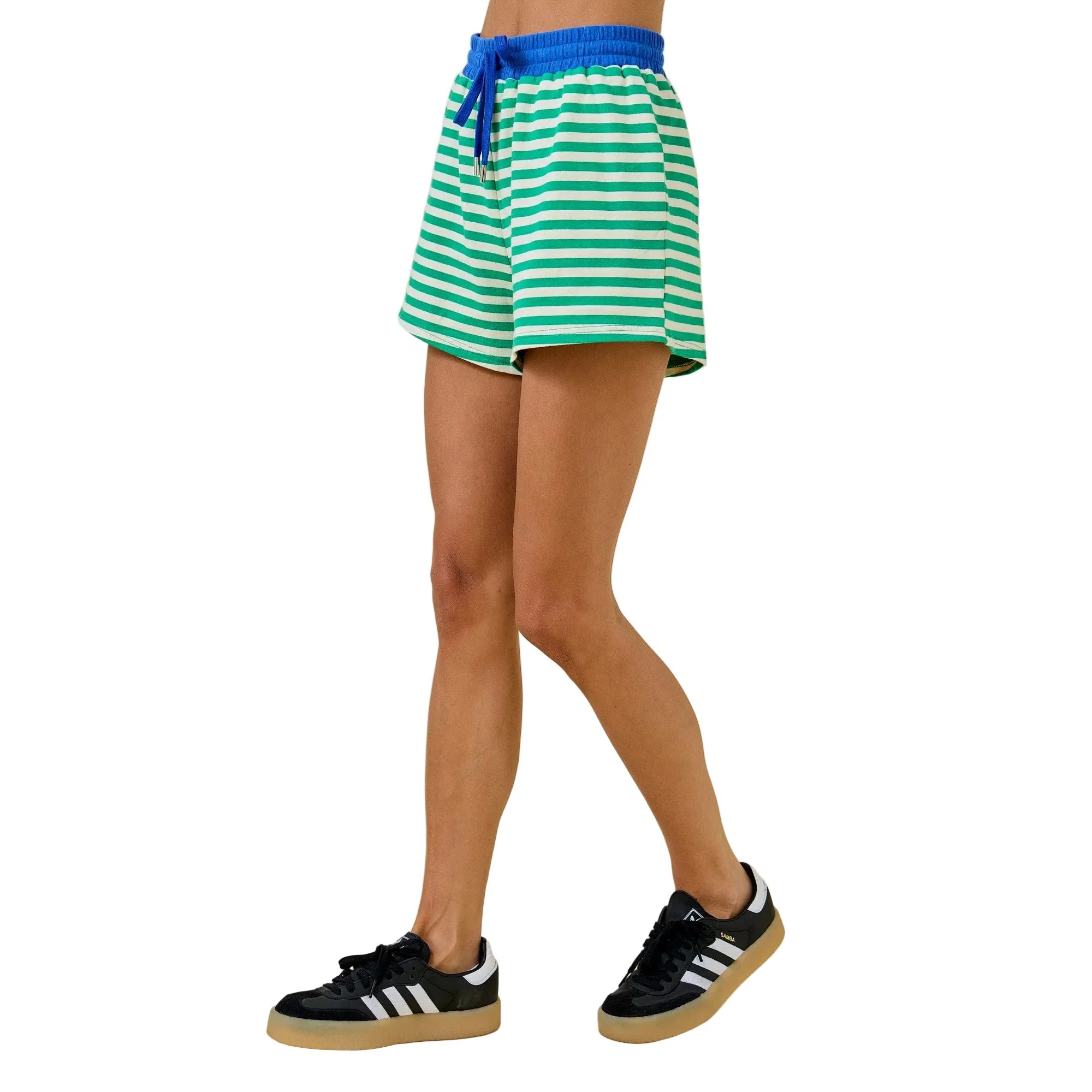 Women's Green and Blue Terry Striped Shorts With Contrasting Waistband - Image 4