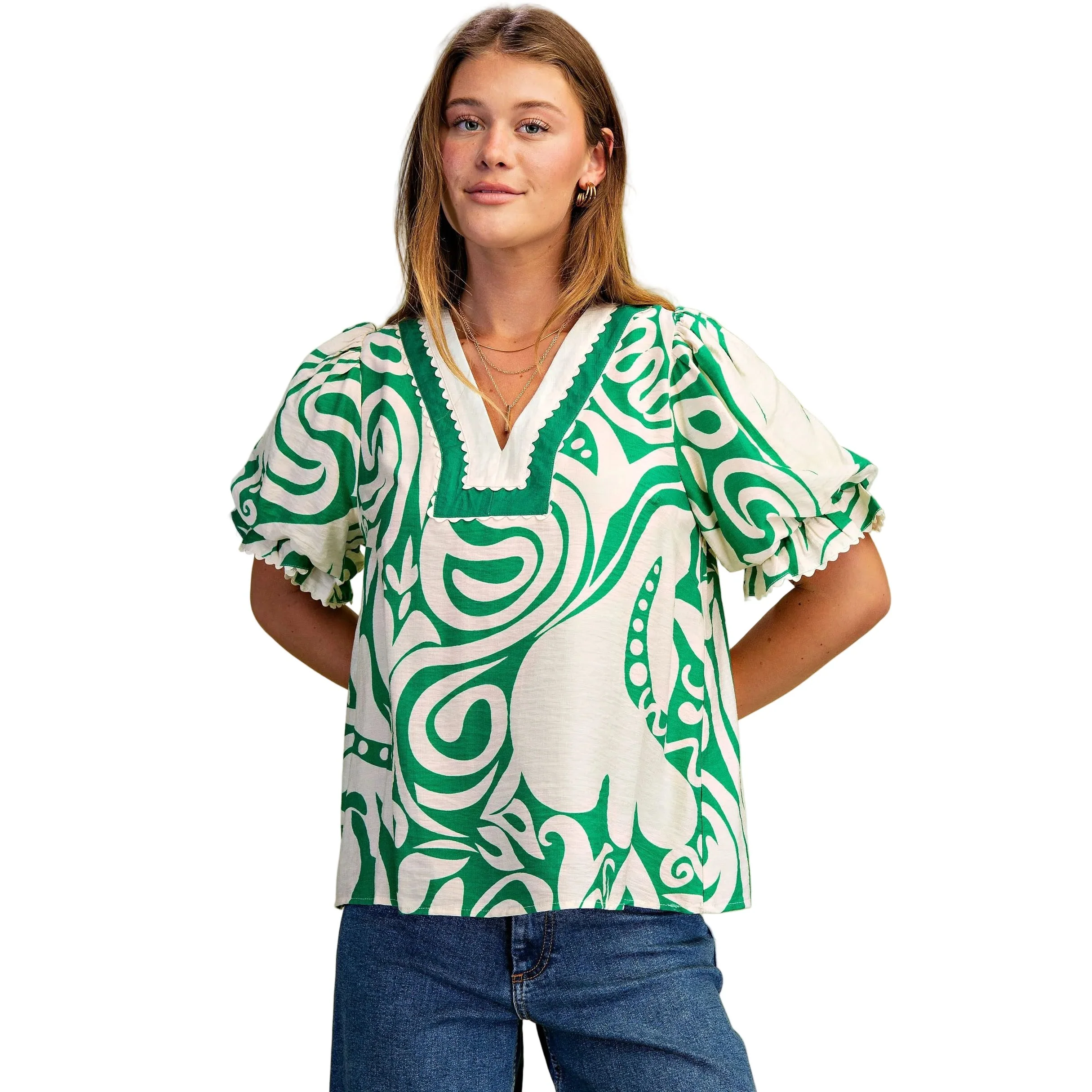 Women's Short Puff Sleeve Blouse with Trim