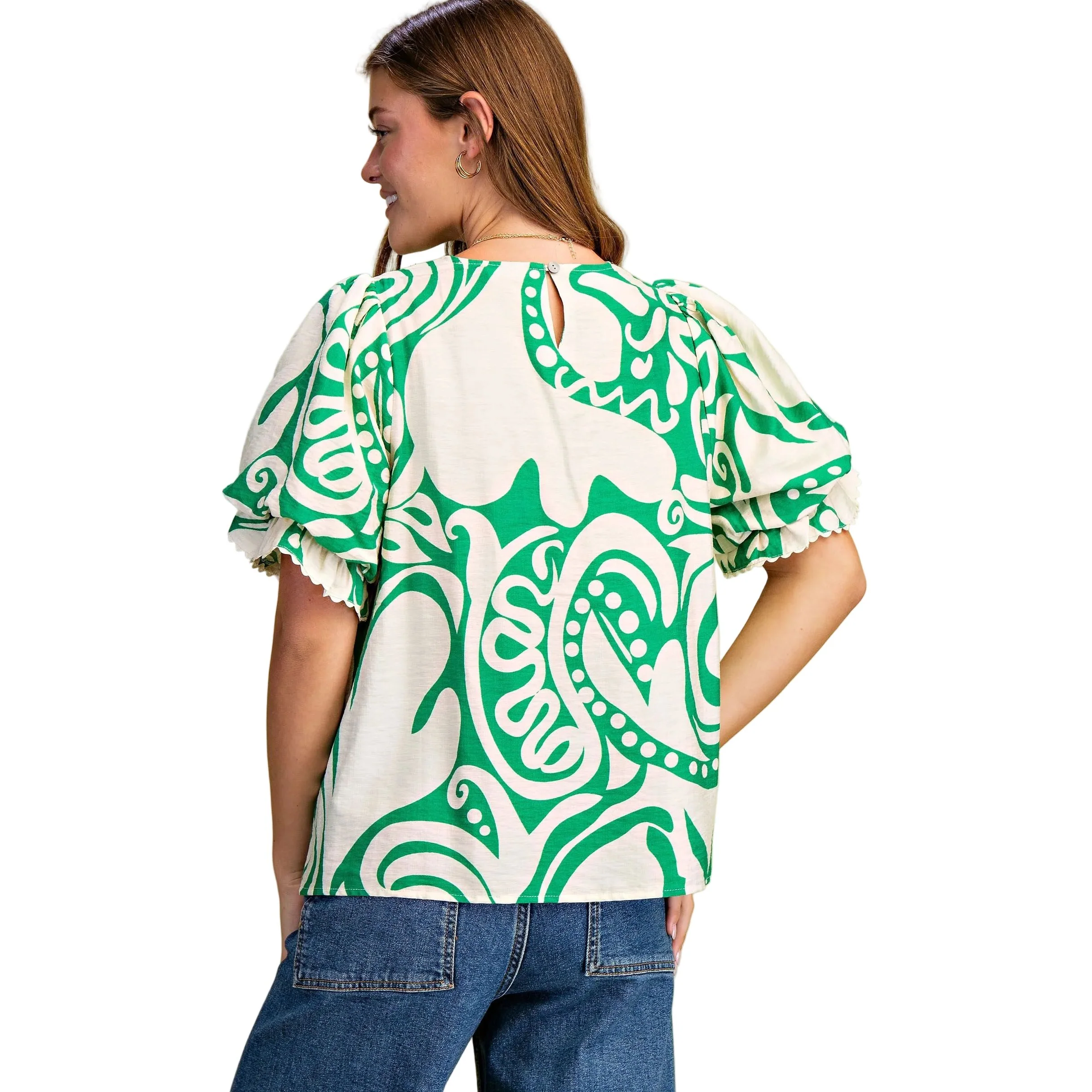 Women's Short Puff Sleeve Blouse with Trim - Image 3
