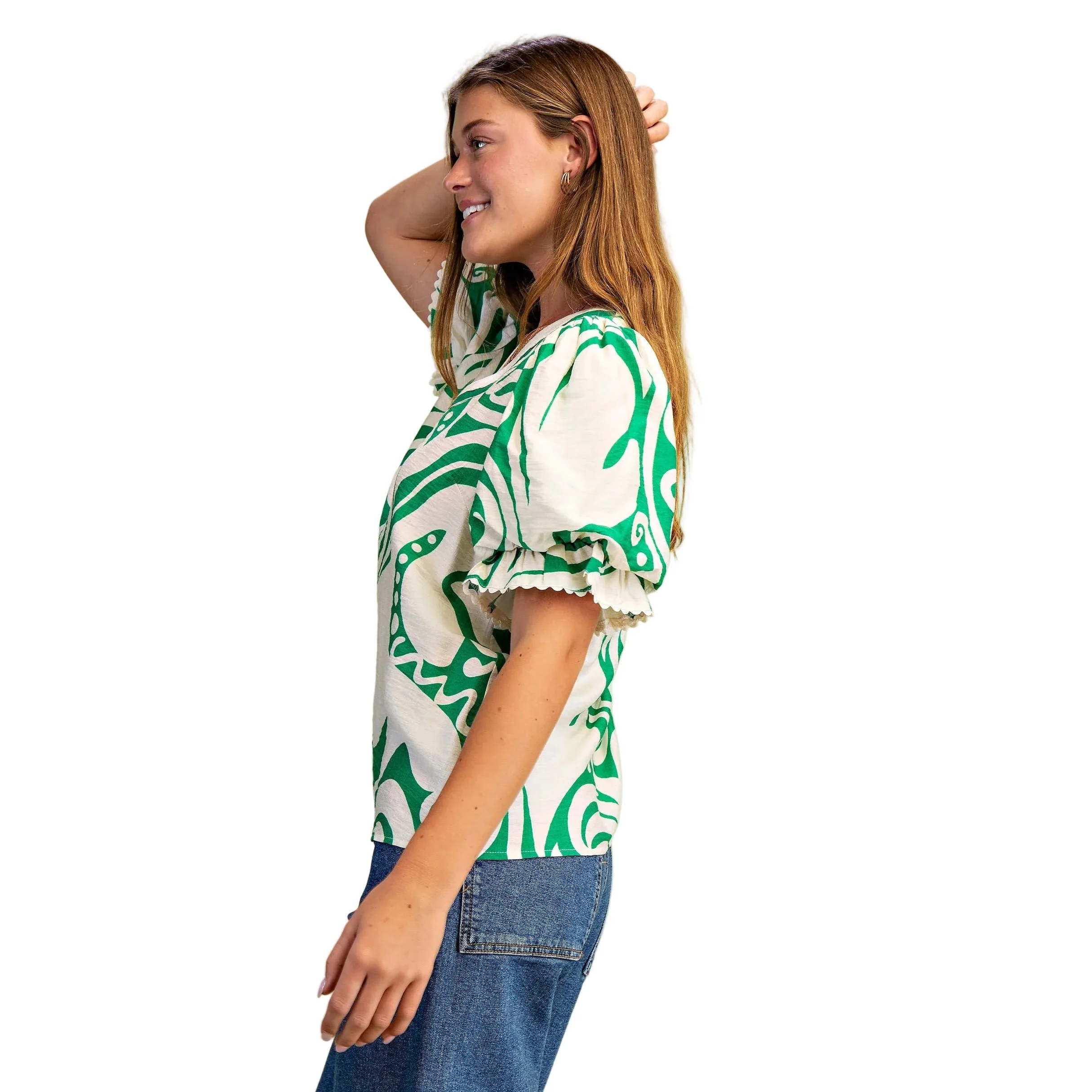Women's Short Puff Sleeve Blouse with Trim - Image 4