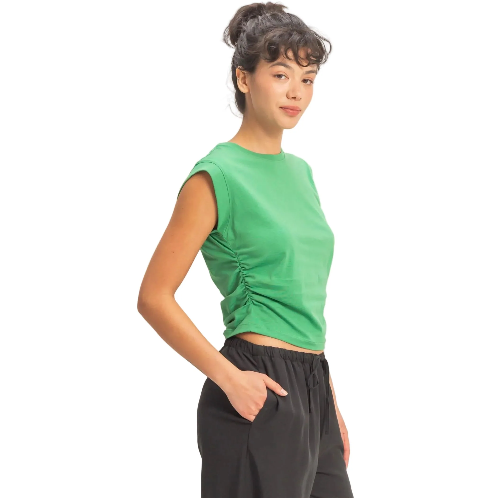 Women's Green Ruched Waist Sleeveless Cotton Top - Image 2