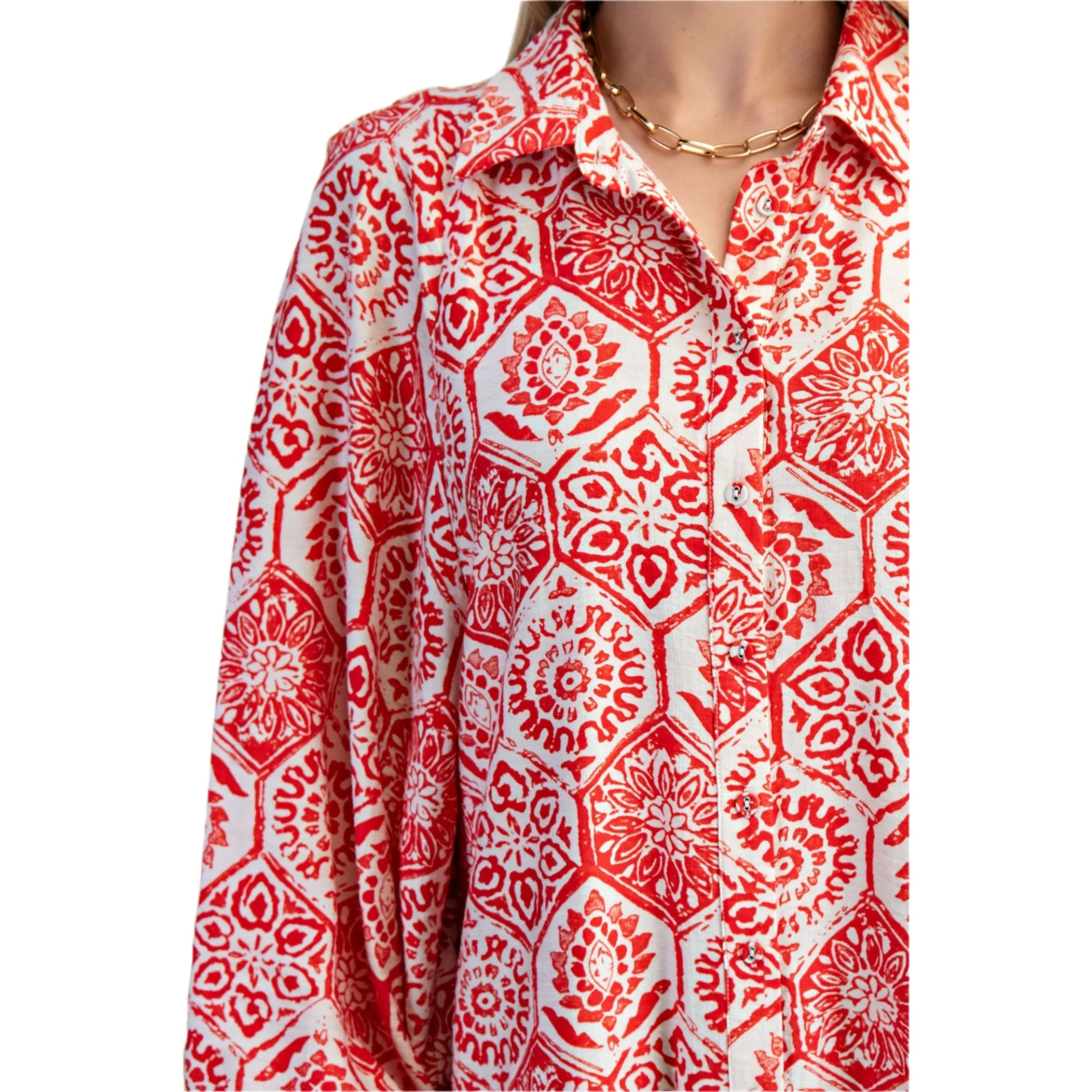 Women's Hexagonal Floral Print Oversized Button Down Shirt - Image 5