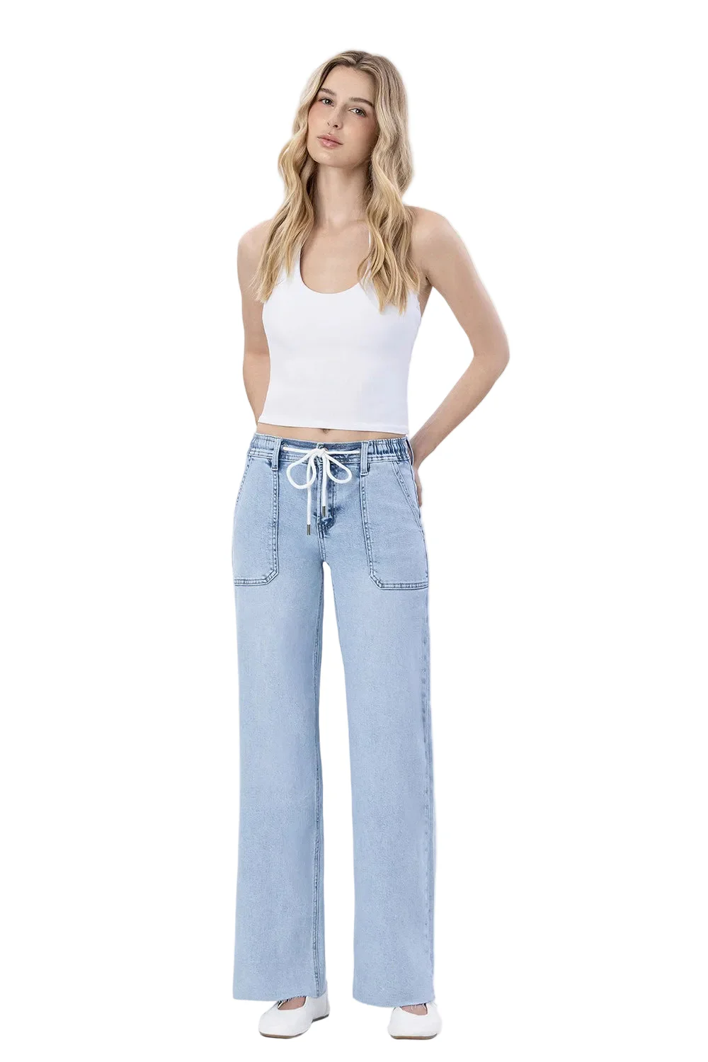 Women's High Rise Drawstring Waistband Wide Leg Jeans - Image 7