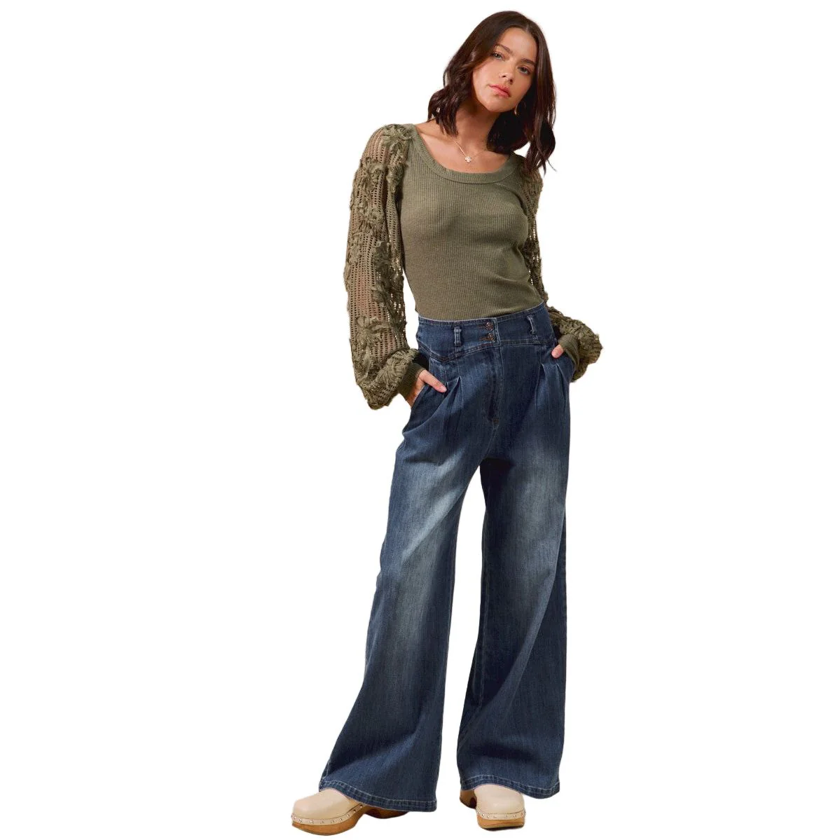 Women's High Waist Pleated Wide Leg Denim Jeans - Image 5