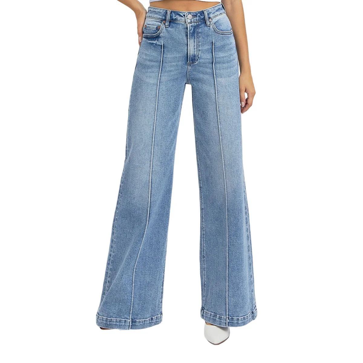 Women's Risen High Rise Wide Leg Pintuck Detailed Jeans RDP5989 - Image 3