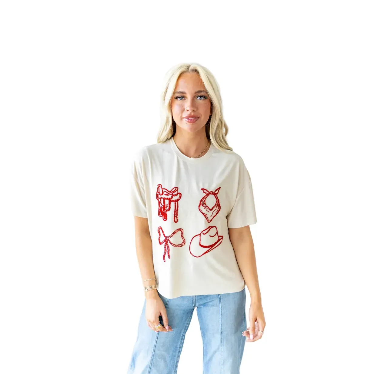 Women's Howdy Hanny Natural T-shirt with Red Stitching - Image 2