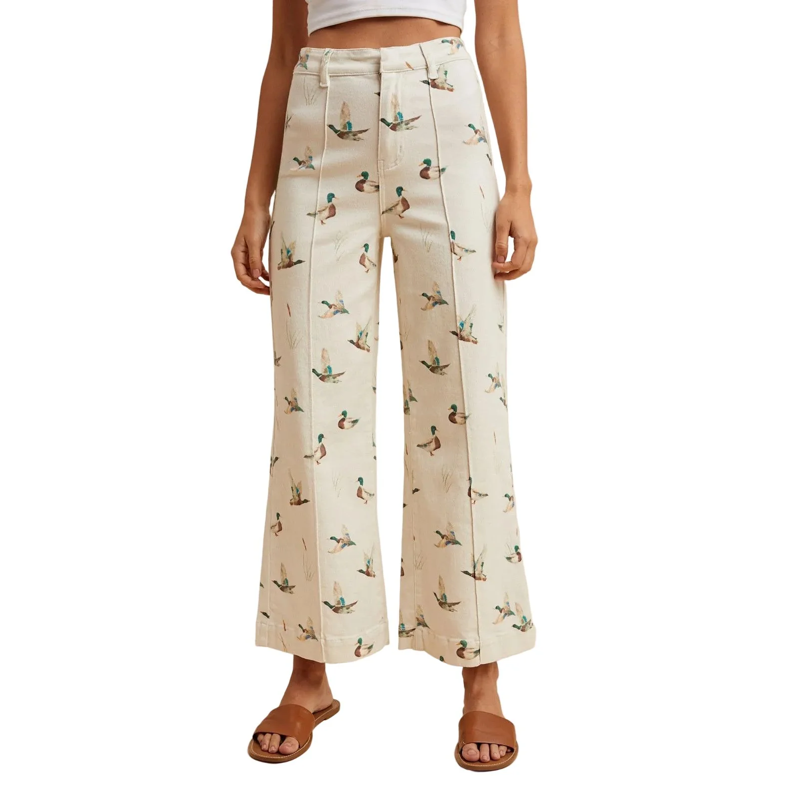 Women's Ivory Mallard Printed Stretch Denim Wide Leg Jeans