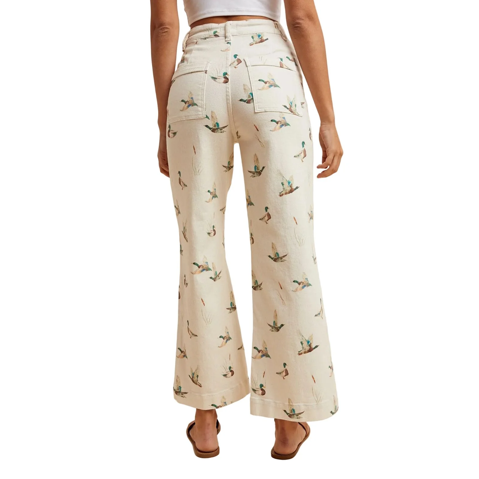 Women's Ivory Mallard Printed Stretch Denim Wide Leg Jeans - Image 2