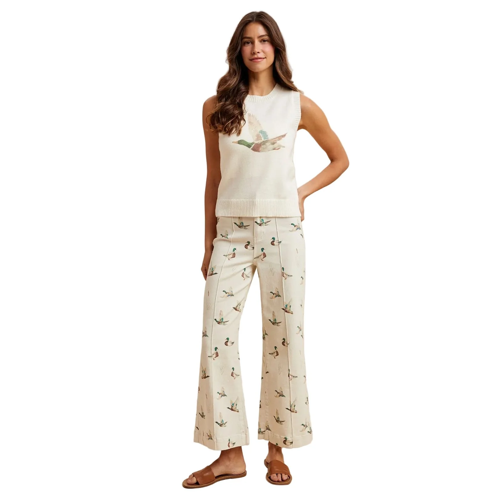 Women's Ivory Mallard Printed Stretch Denim Wide Leg Jeans - Image 3