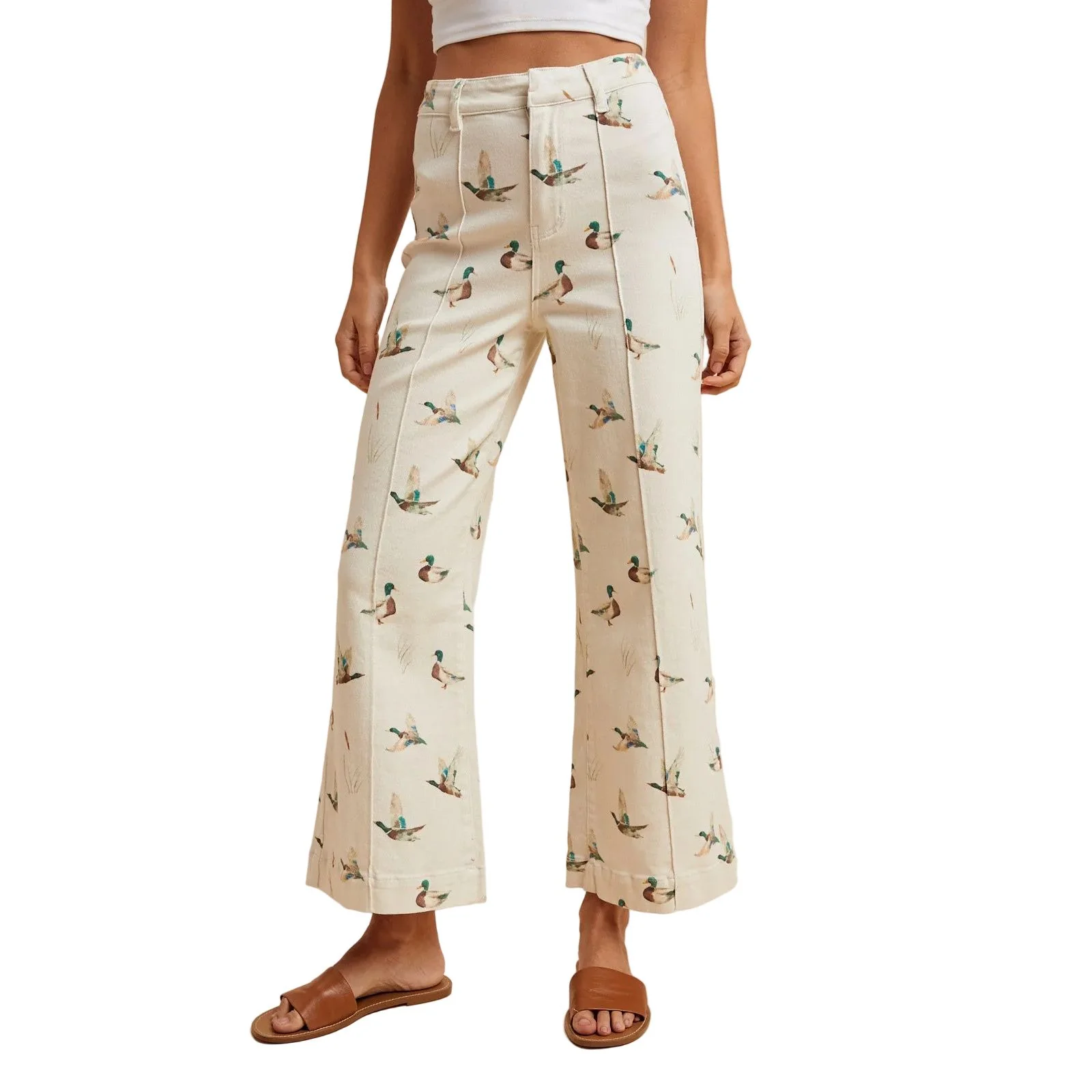 Women's Ivory Mallard Printed Stretch Denim Wide Leg Jeans - Image 4