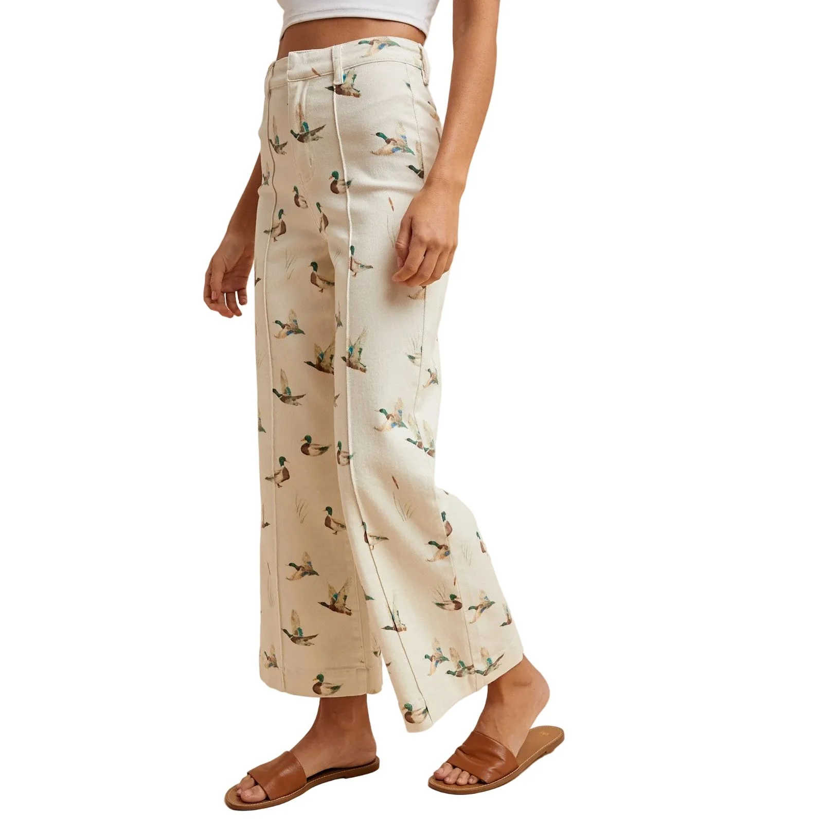 Women's Ivory Mallard Printed Stretch Denim Wide Leg Jeans - Image 5