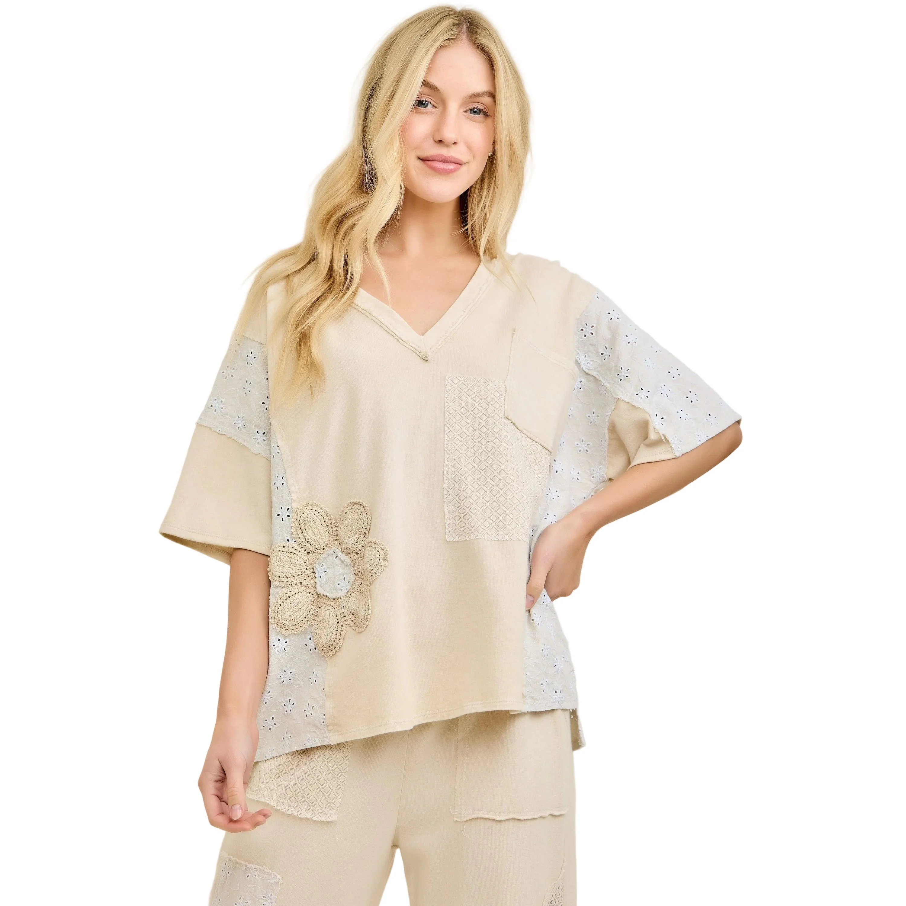 Women's J. Her Natural Patchwork Blouse with Eyelet Lace