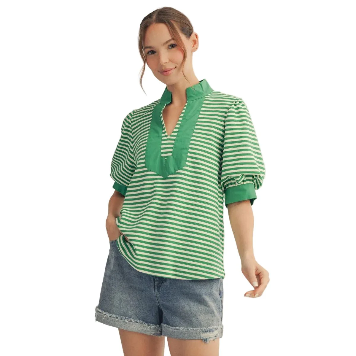 Women's Jodifl Solid Contrast Detail Striped Top B13435-1 - Image 3