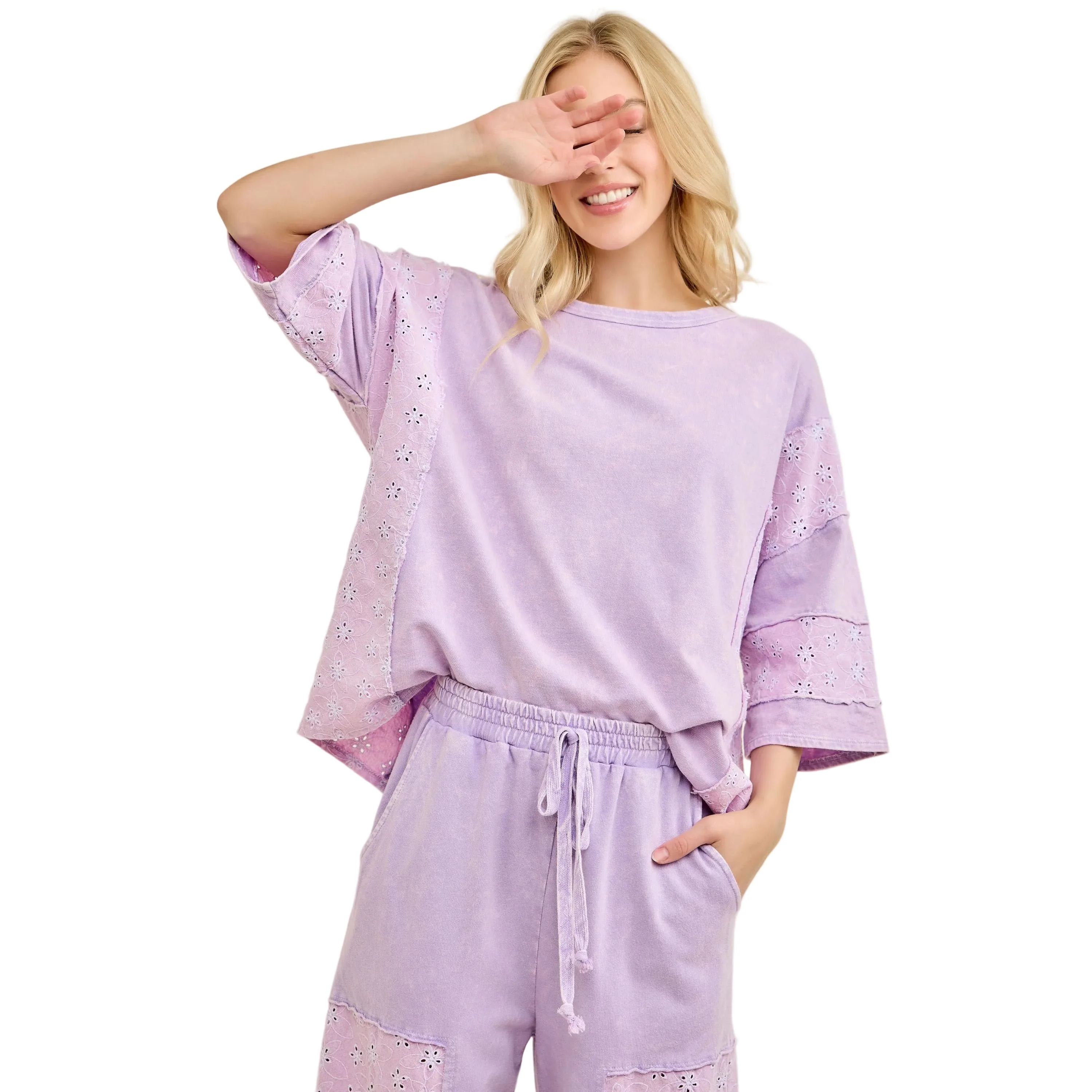 Women's Lavender Mineral Washed Eyelet Lace On Sleeves And Side Top - Image 2