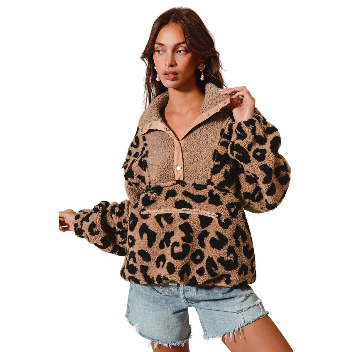 Women's Leopard Fleece Block Pullover Top With Pockets - Image 5