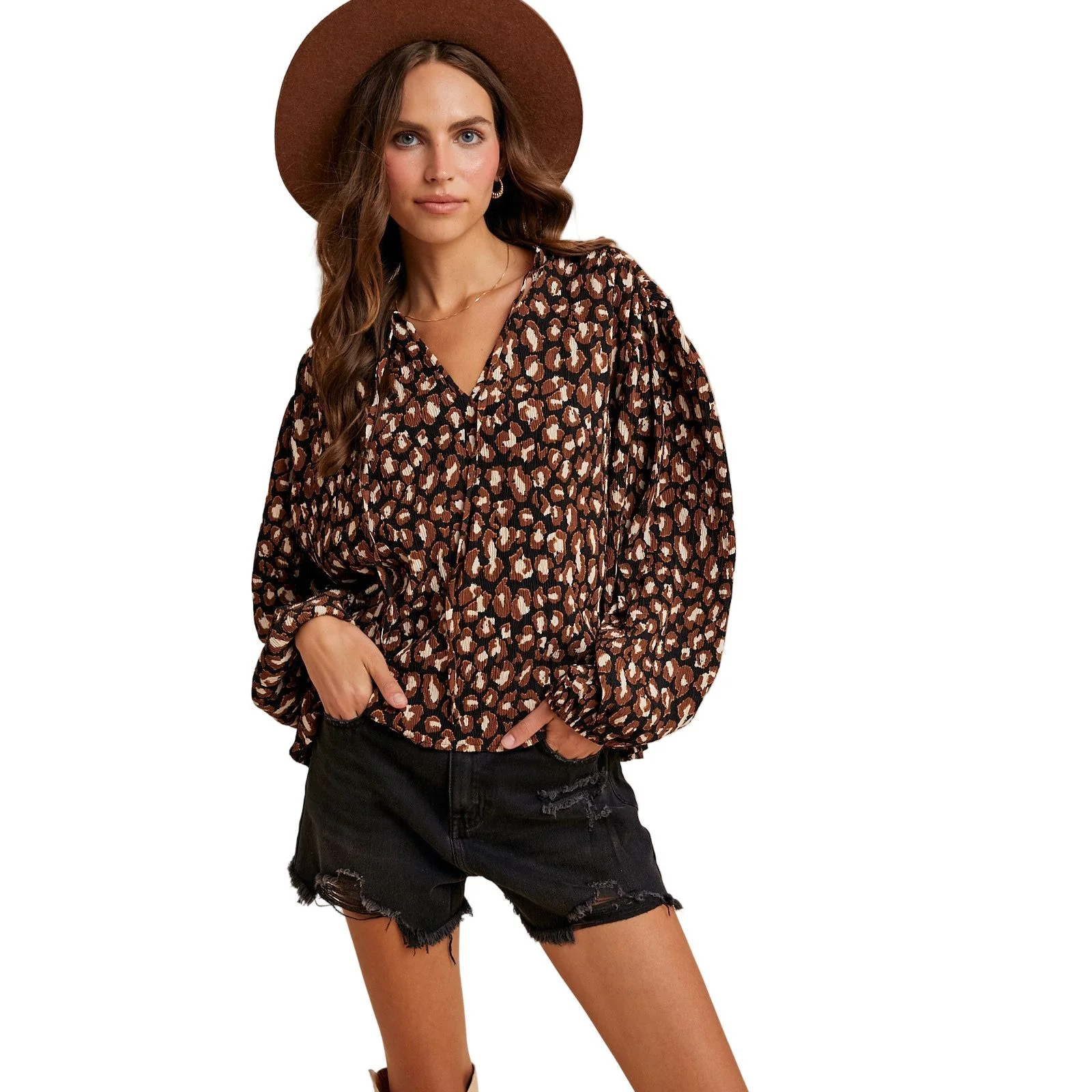 Women's Leopard Plisse Texture Notched Neck Tie Blouse