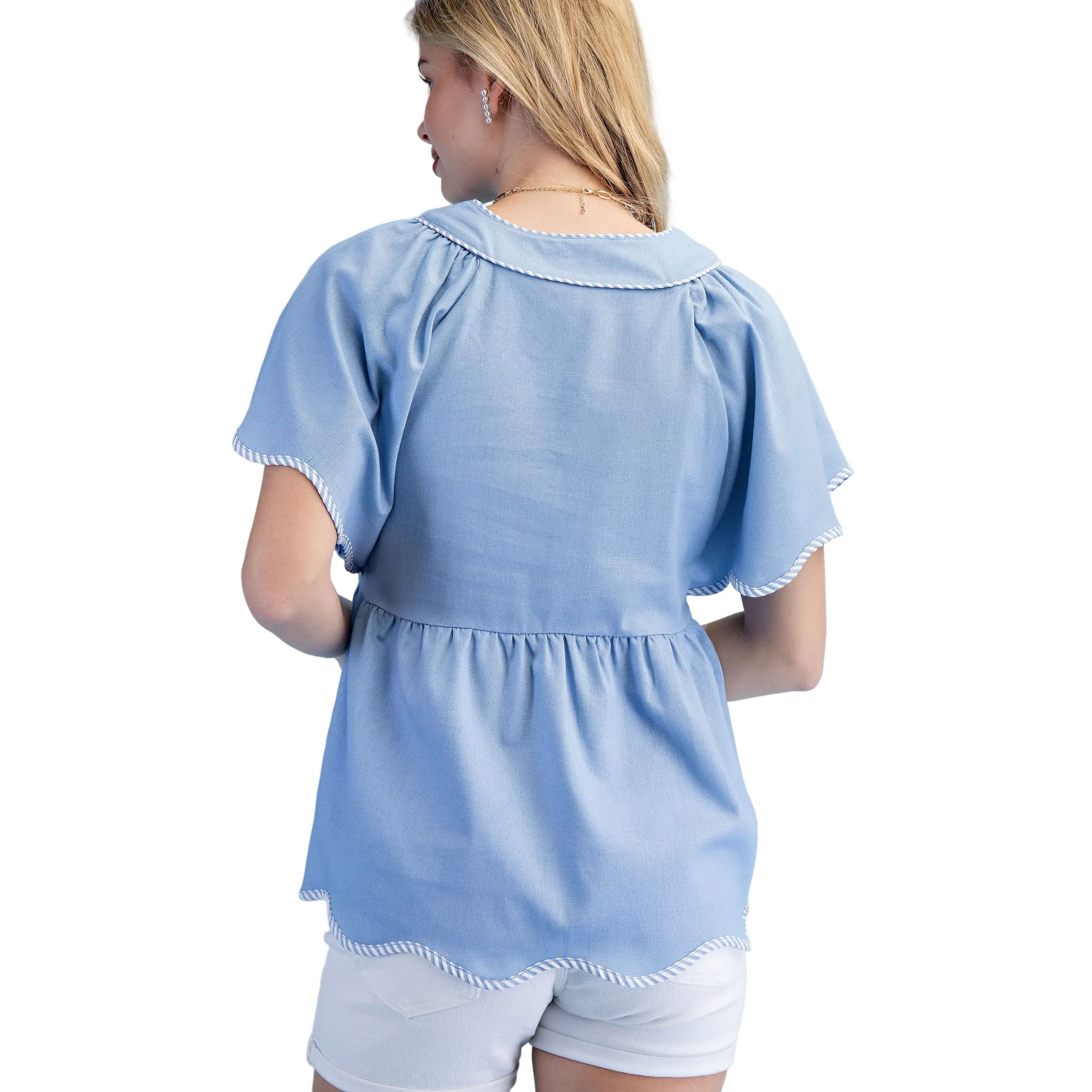 Women's Gigio Light Blue Linen V-neck Top With Striped Binding Details - Image 5