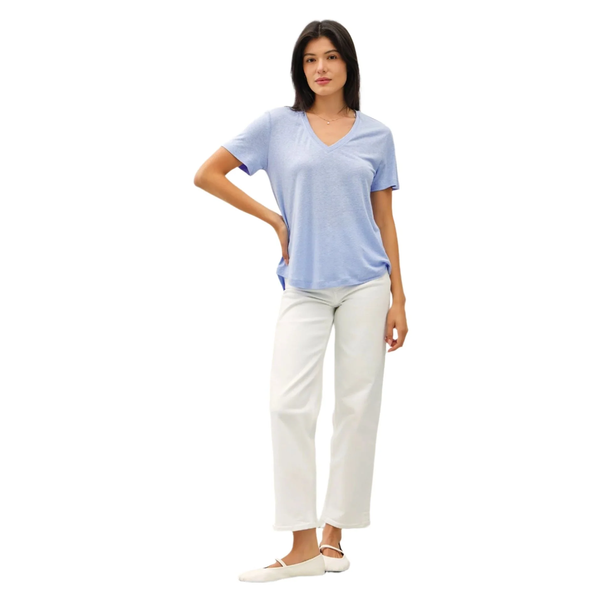 Women's Linen Basic V-Neck Short Sleeve T-shirt - Image 2