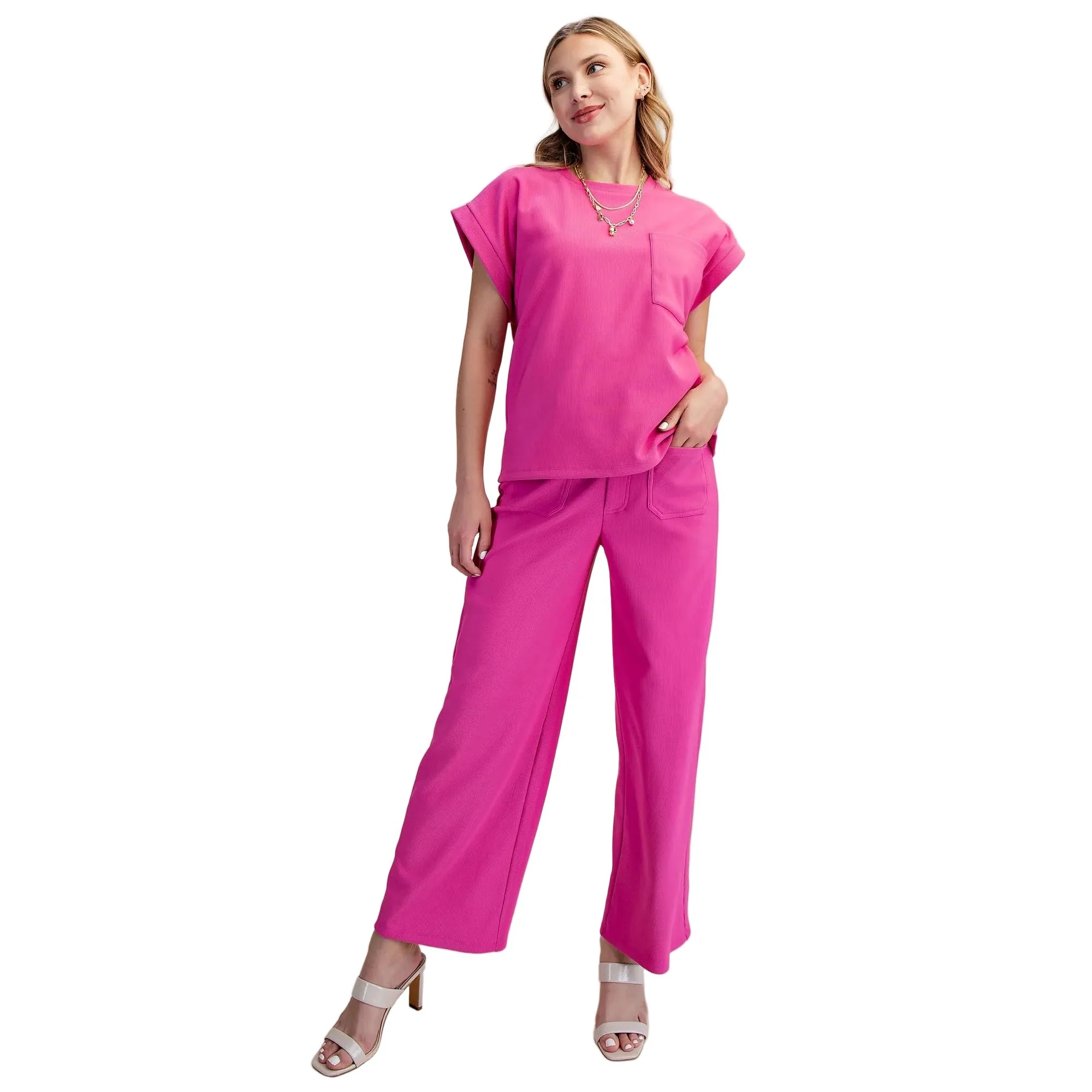 Women's Magenta Everyday Round Neck Short Sleeve Front Pocket Top T8131 - Image 6