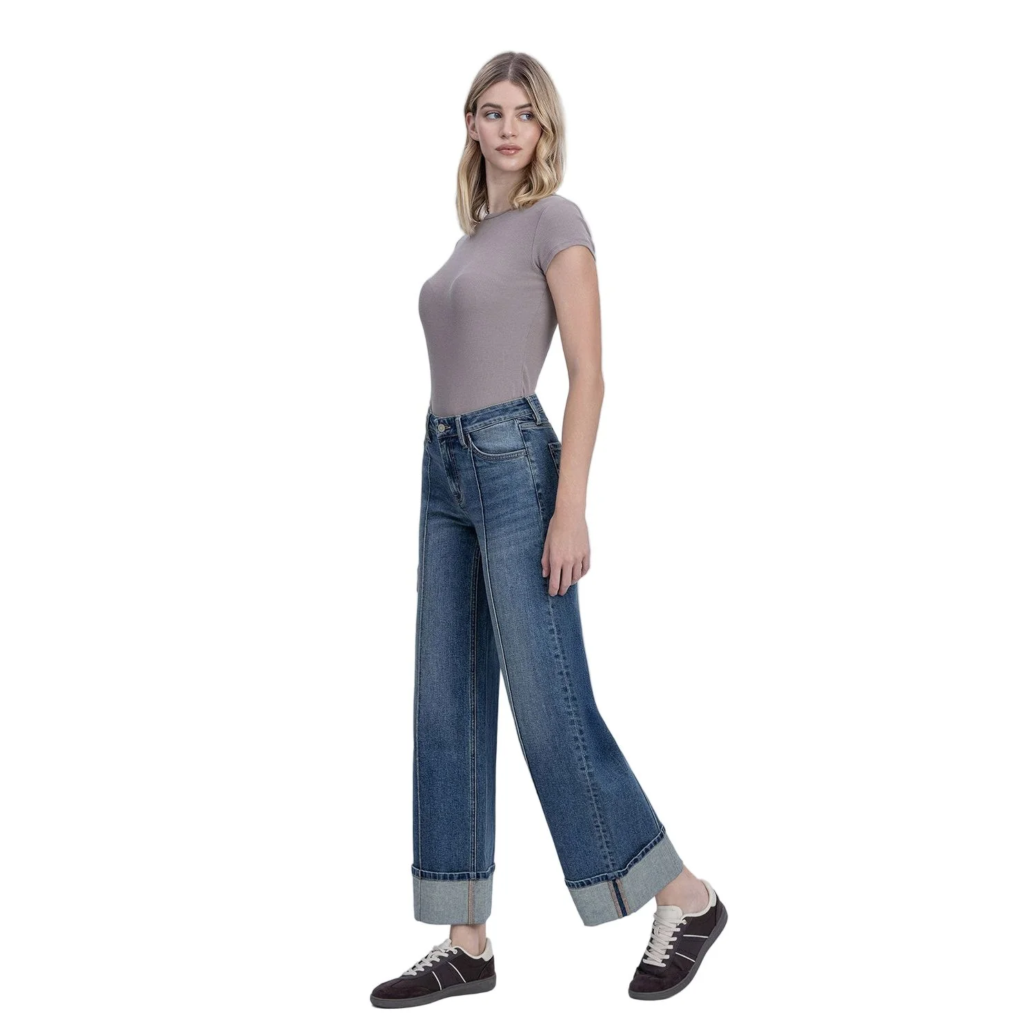 Women's Mid Rise Pin Tuck Cuffed Baggy Wide Jeans F6323 - Image 5