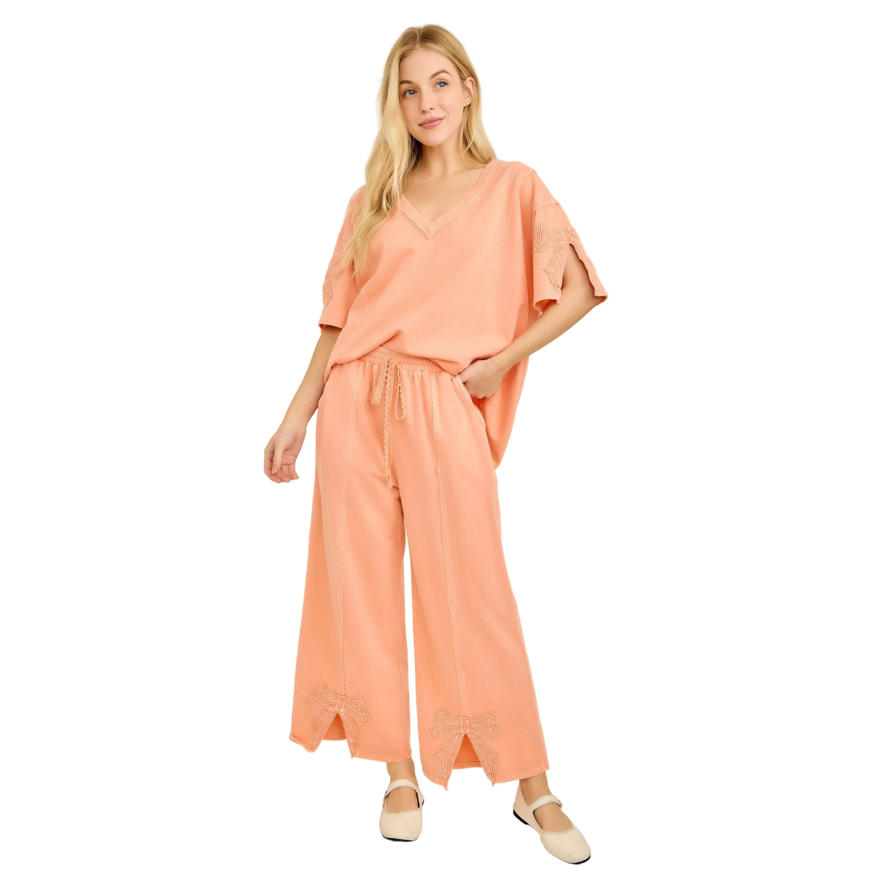 Women's Mineral Washed Cute Bow Trim Slit Blouse Top - Image 5