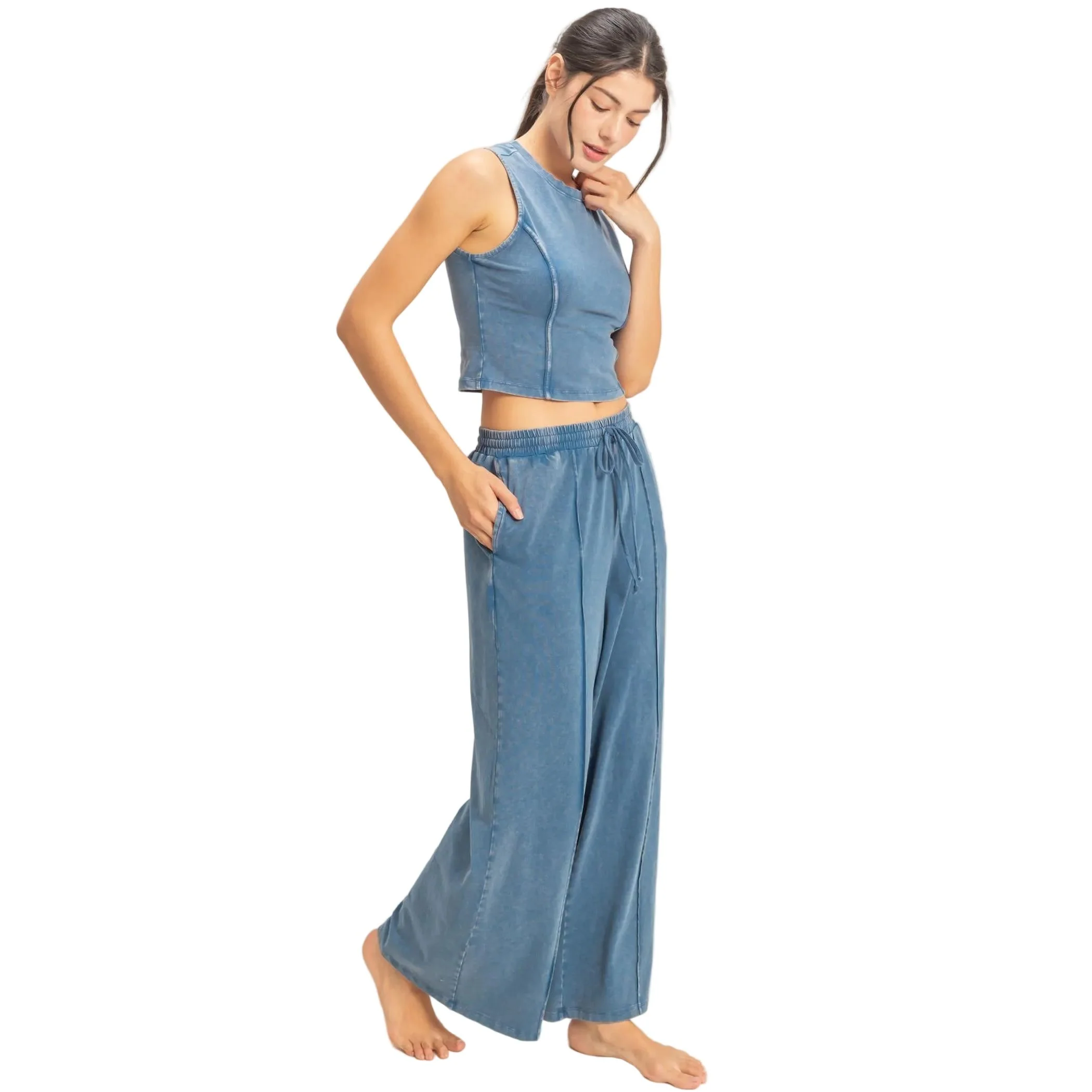 Women's Navy Mineral Washed Sleeveless Top & Wide Leg Pants Set - Image 2