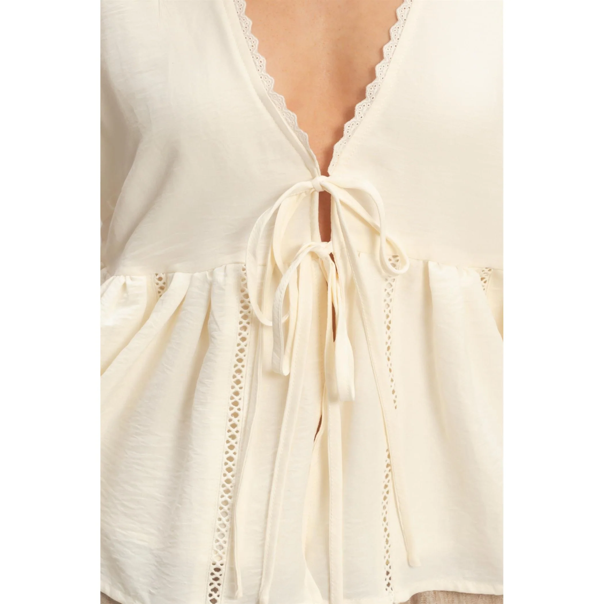 Women's Off White Lace Trim Tie Front Top - Image 5