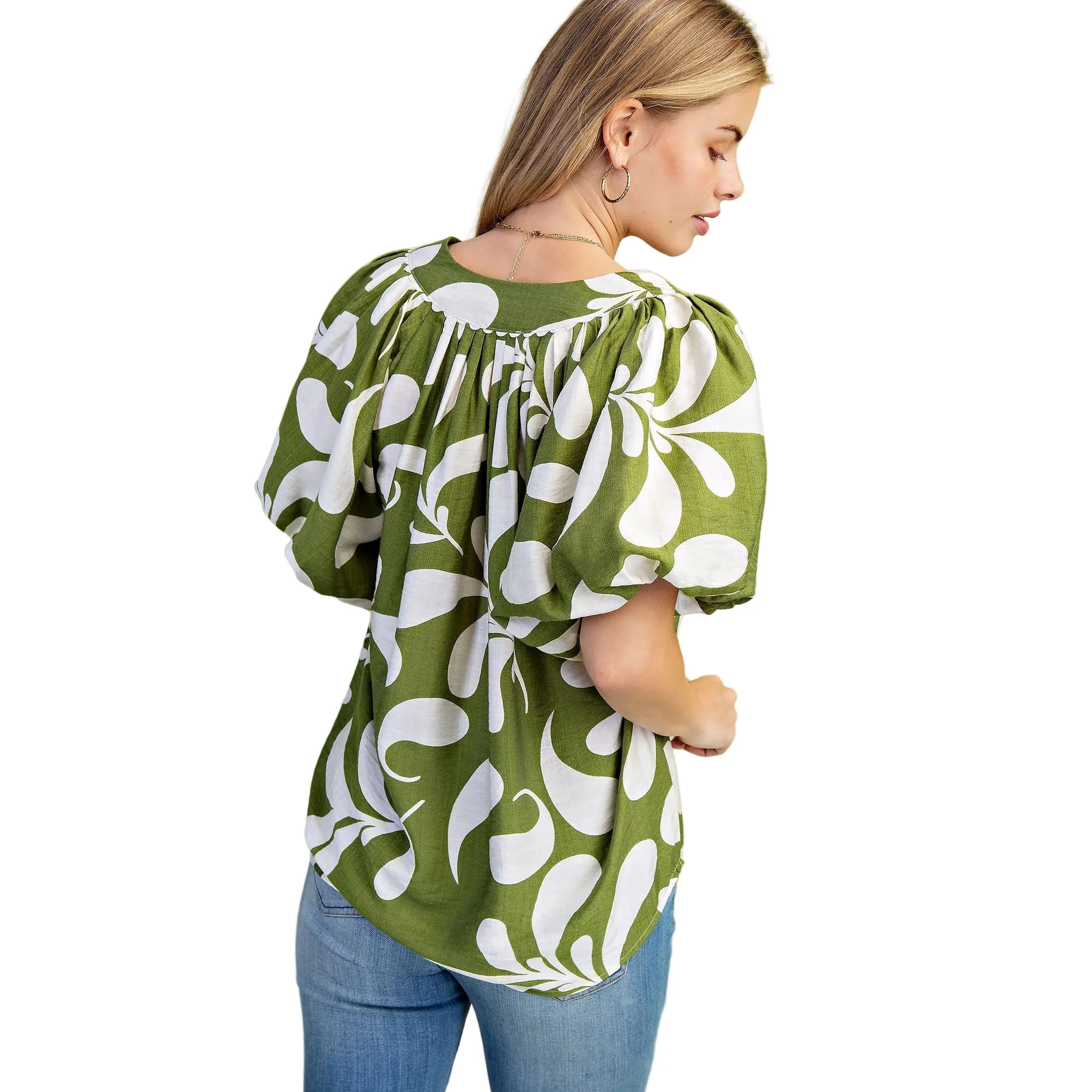 Women's Olive Printed Slit Neck Top - Image 3