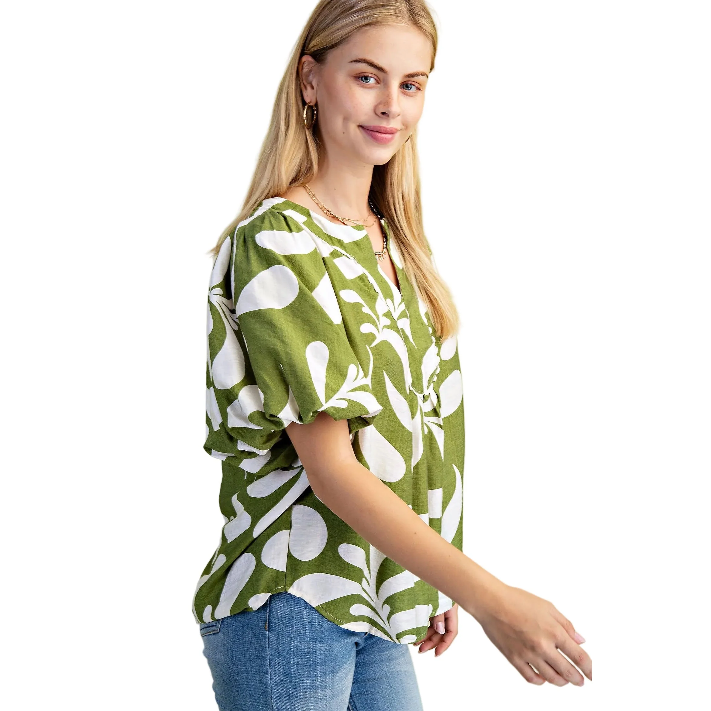 Women's Olive Printed Slit Neck Top - Image 4