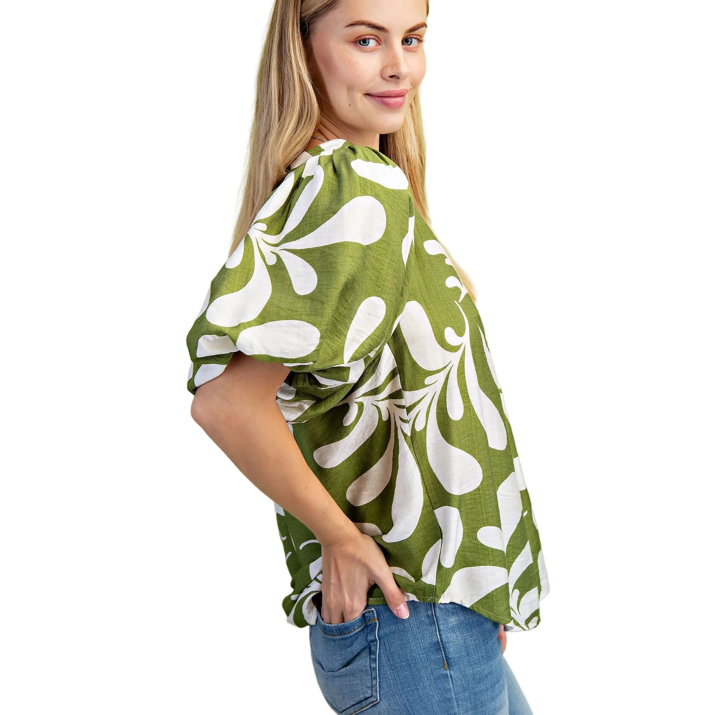 Women's Olive Printed Slit Neck Top - Image 5
