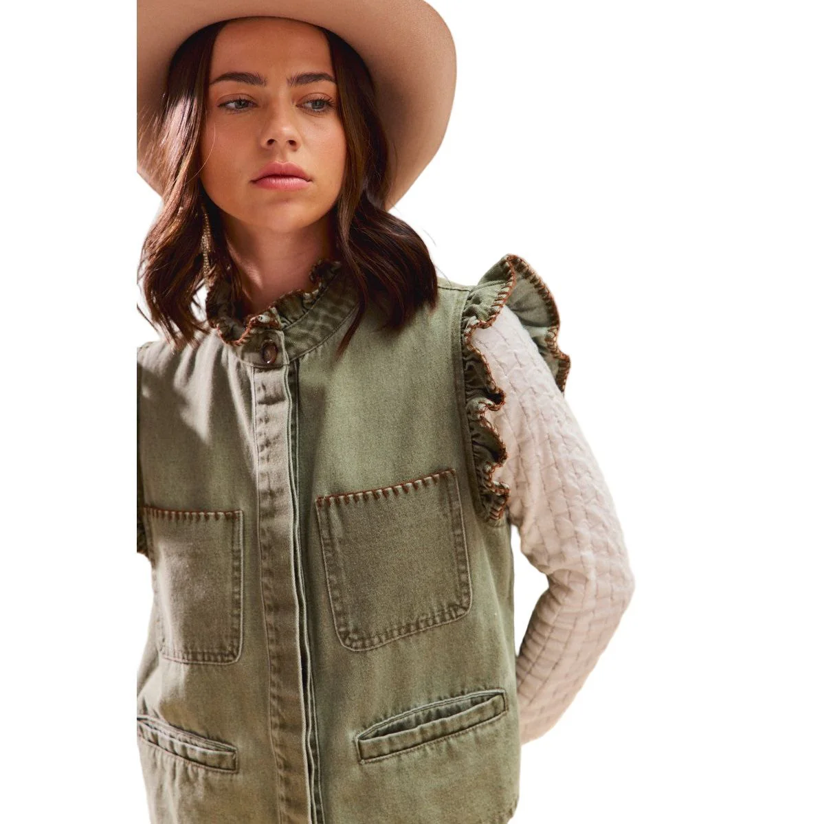 Women's Olive Washed Denim Stitch Ruffled Hidden Button Vest Top - Image 11