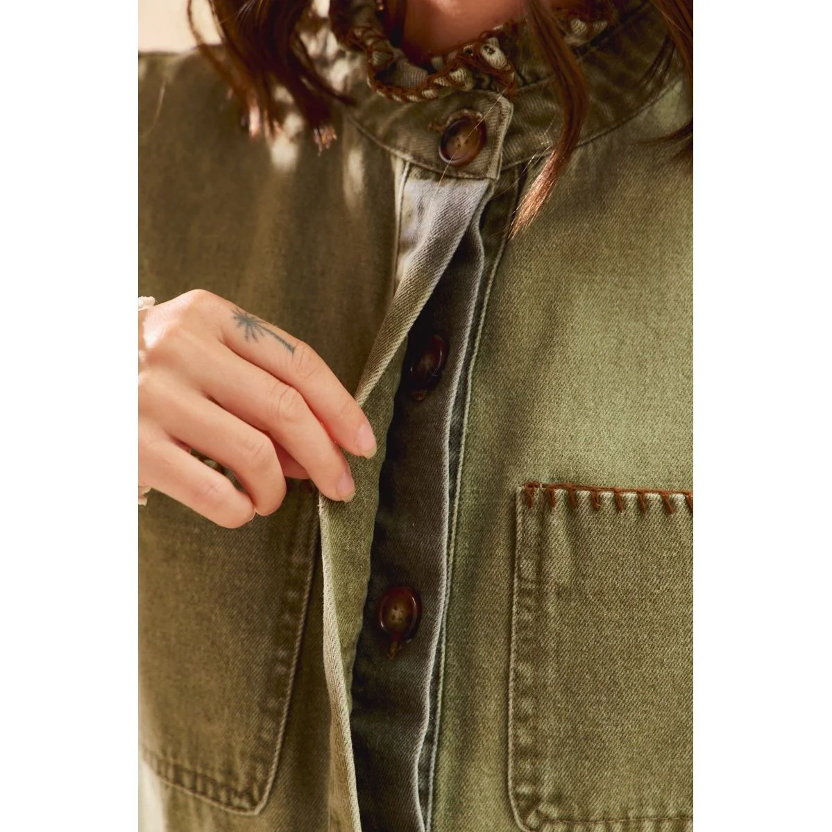 Women's Olive Washed Denim Stitch Ruffled Hidden Button Vest Top - Image 3