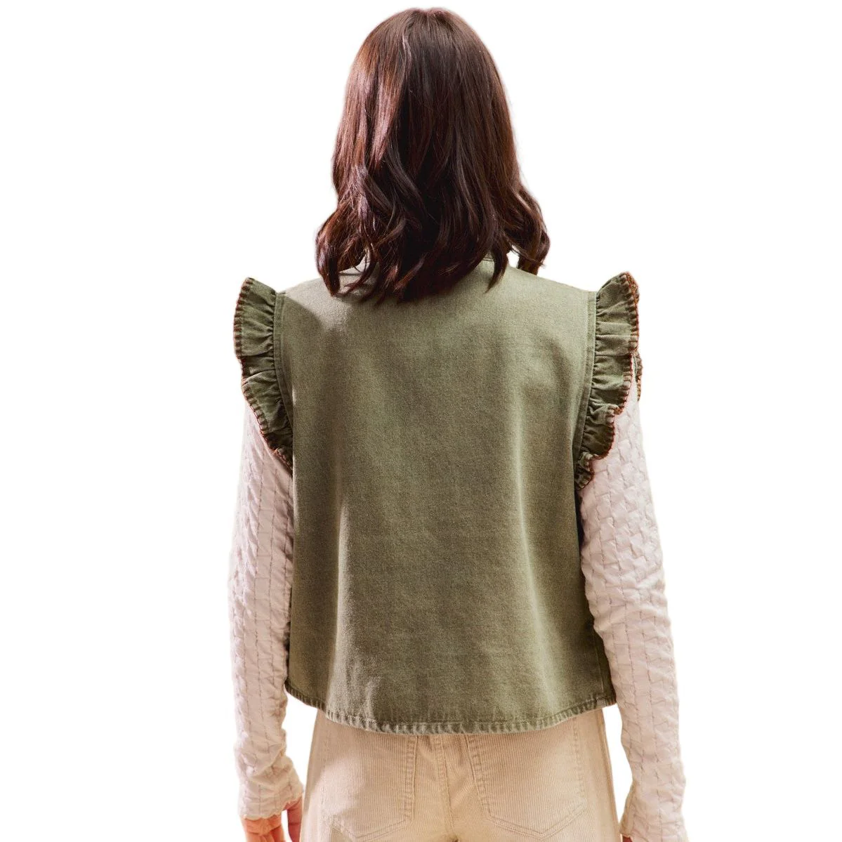 Women's Olive Washed Denim Stitch Ruffled Hidden Button Vest Top - Image 4