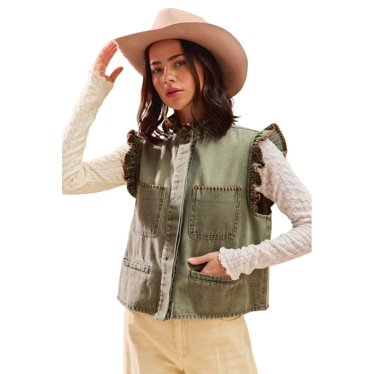 Women's Olive Washed Denim Stitch Ruffled Hidden Button Vest Top - Image 5