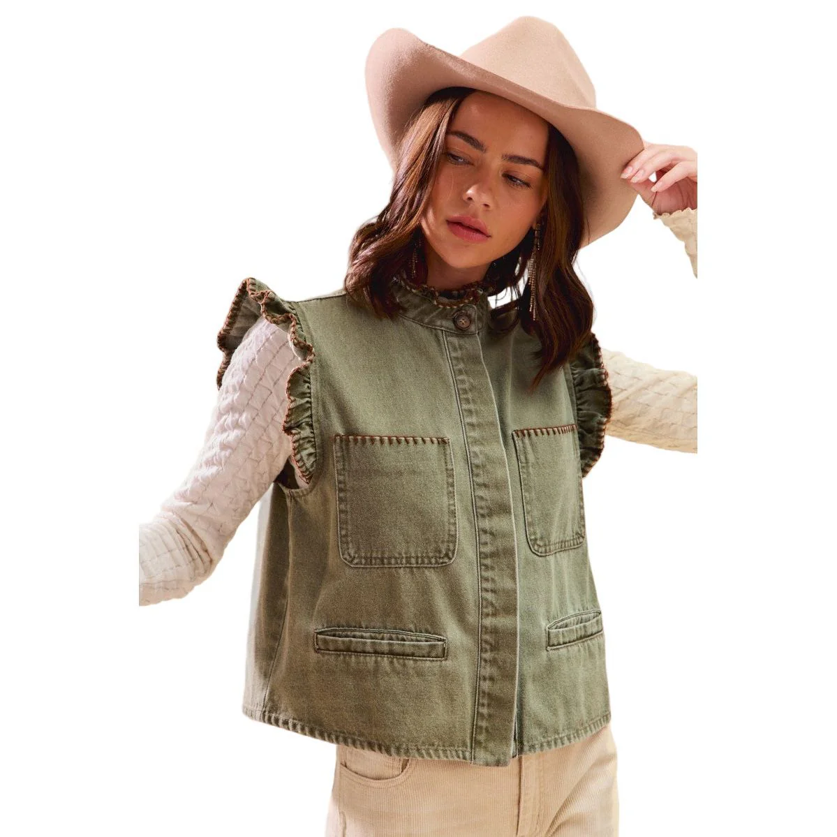 Women's Olive Washed Denim Stitch Ruffled Hidden Button Vest Top - Image 9