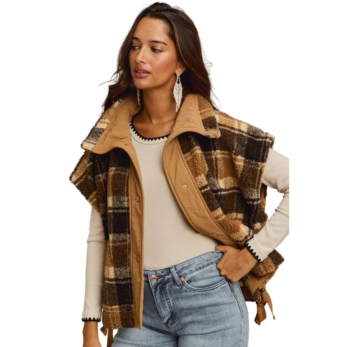 Women's Oversized Sherpa Fleece Checker Vest Jacket