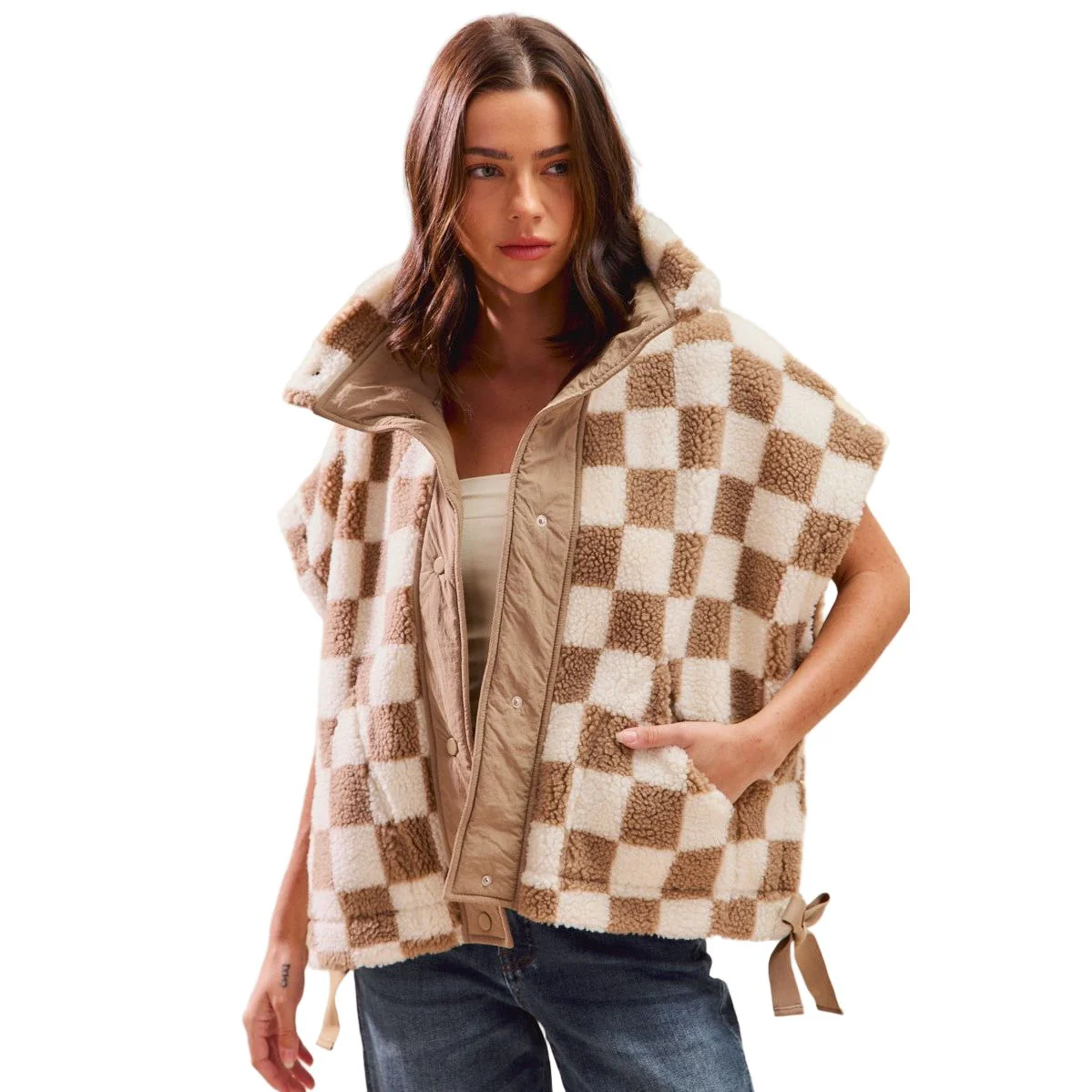 Women's Oversized Sherpa Fleece Checker Vest Jacket - Image 11