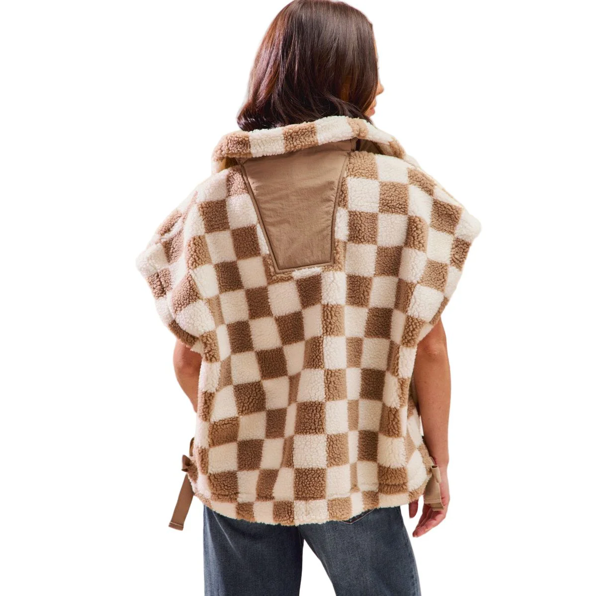 Women's Oversized Sherpa Fleece Checker Vest Jacket - Image 12